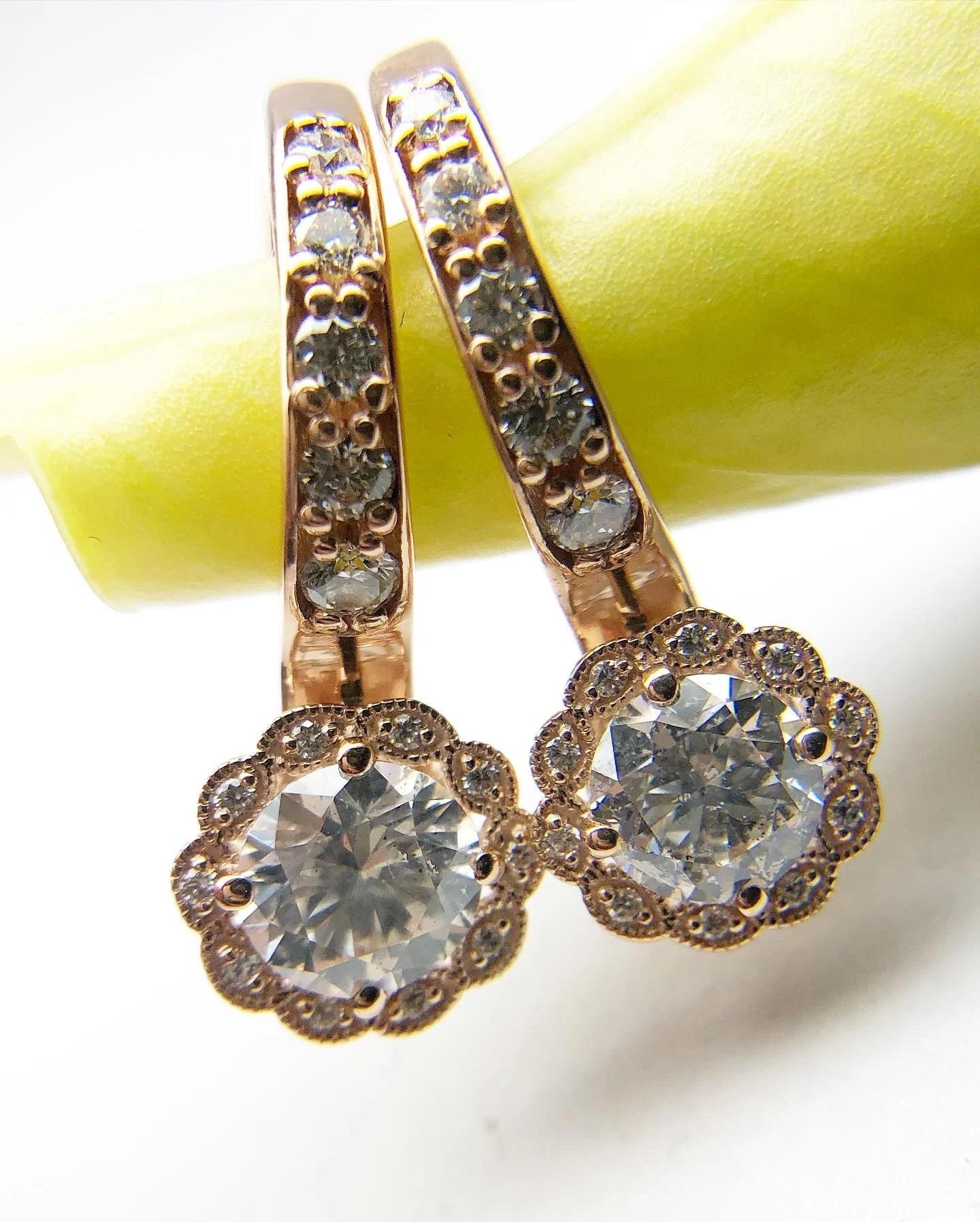 Brilliant Cut Music Diamond earrings european closure 14KT rose gold For Sale
