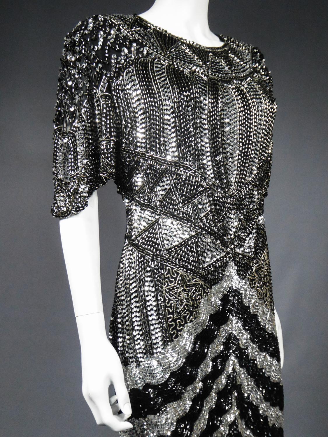 Music-Hall Evening Dress Embroidered with Black and Silver Sequins Circa 1980 For Sale 7