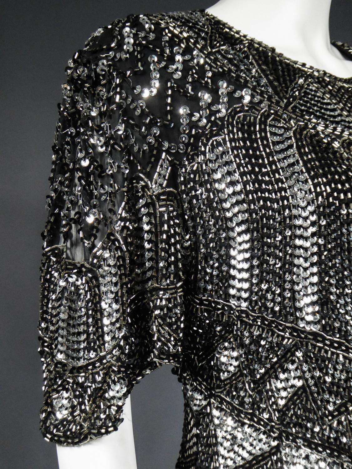 Music-Hall Evening Dress Embroidered with Black and Silver Sequins Circa 1980 For Sale 8