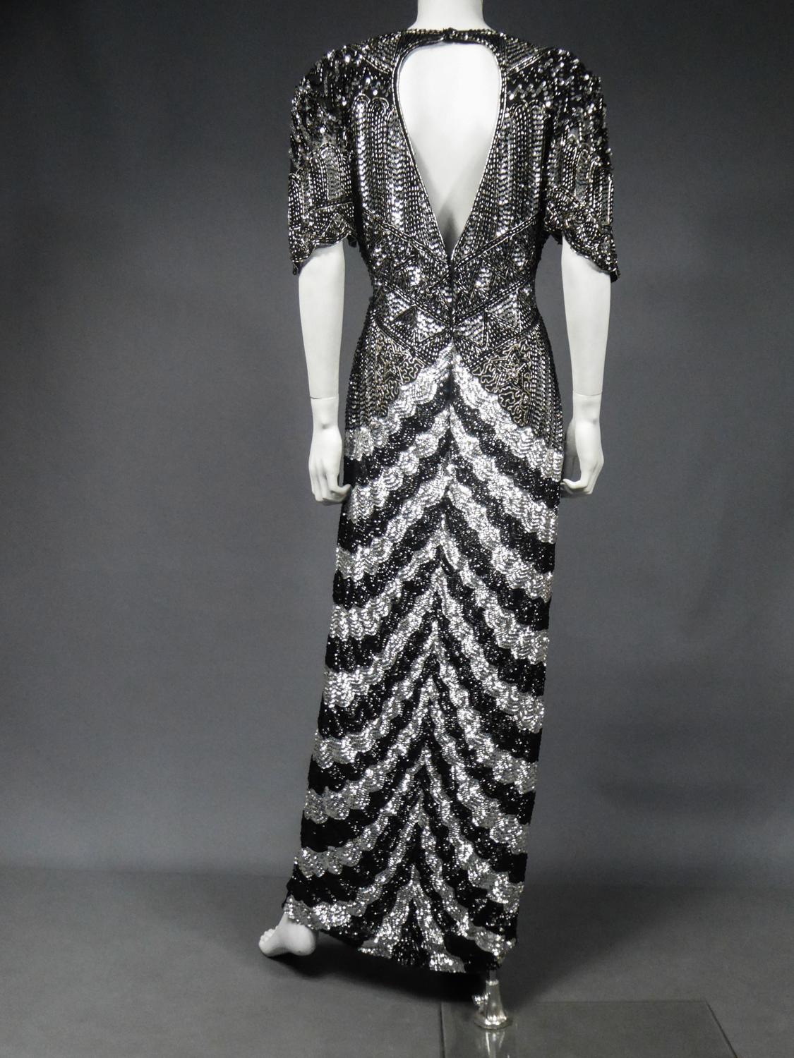 Music-Hall Evening Dress Embroidered with Black and Silver Sequins Circa 1980 For Sale 10