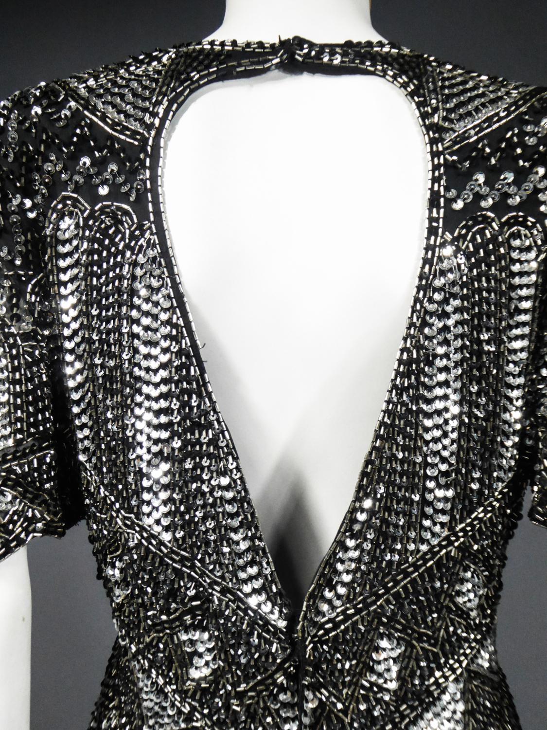 Music-Hall Evening Dress Embroidered with Black and Silver Sequins Circa 1980 For Sale 11