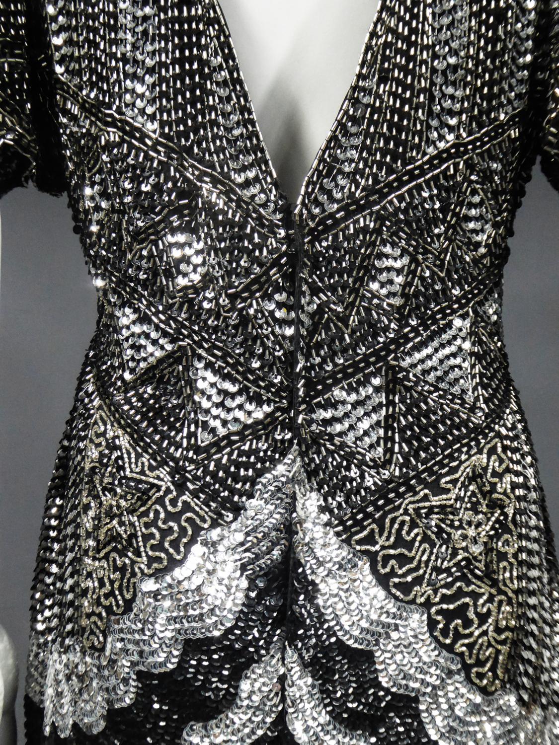 Music-Hall Evening Dress Embroidered with Black and Silver Sequins Circa 1980 For Sale 12