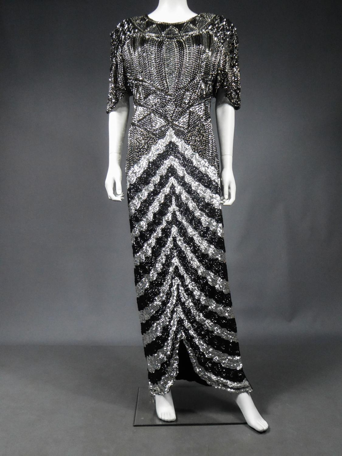 Music-Hall Evening Dress Embroidered with Black and Silver Sequins Circa 1980 For Sale 1