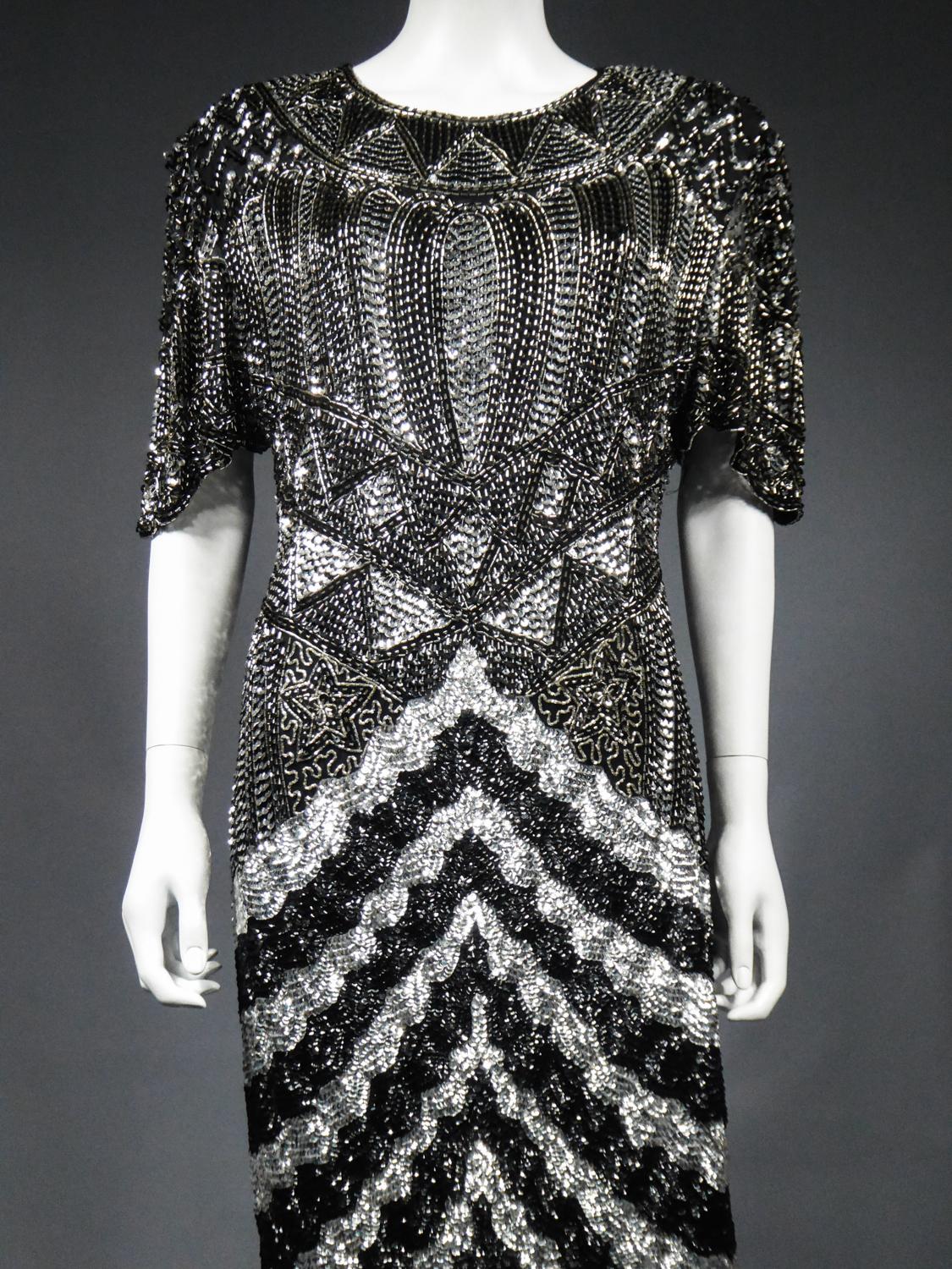 Music-Hall Evening Dress Embroidered with Black and Silver Sequins Circa 1980 For Sale 2