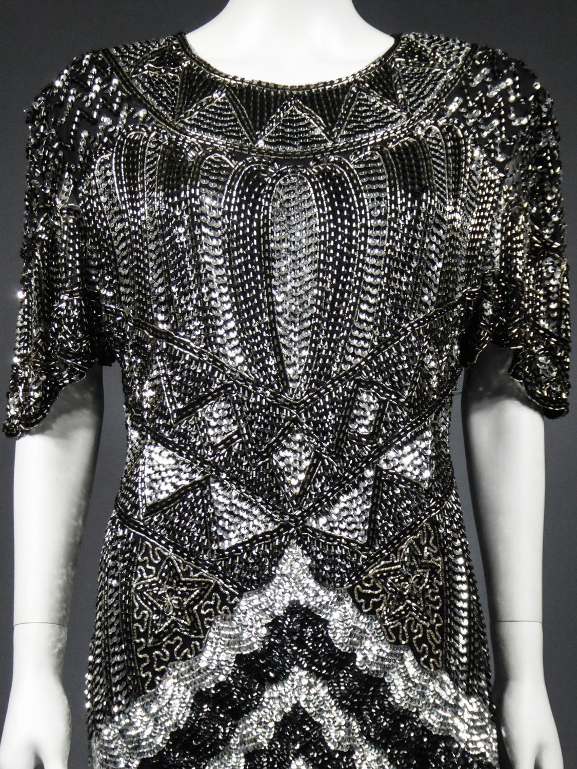 Music-Hall Evening Dress Embroidered with Black and Silver Sequins Circa 1980 For Sale 3