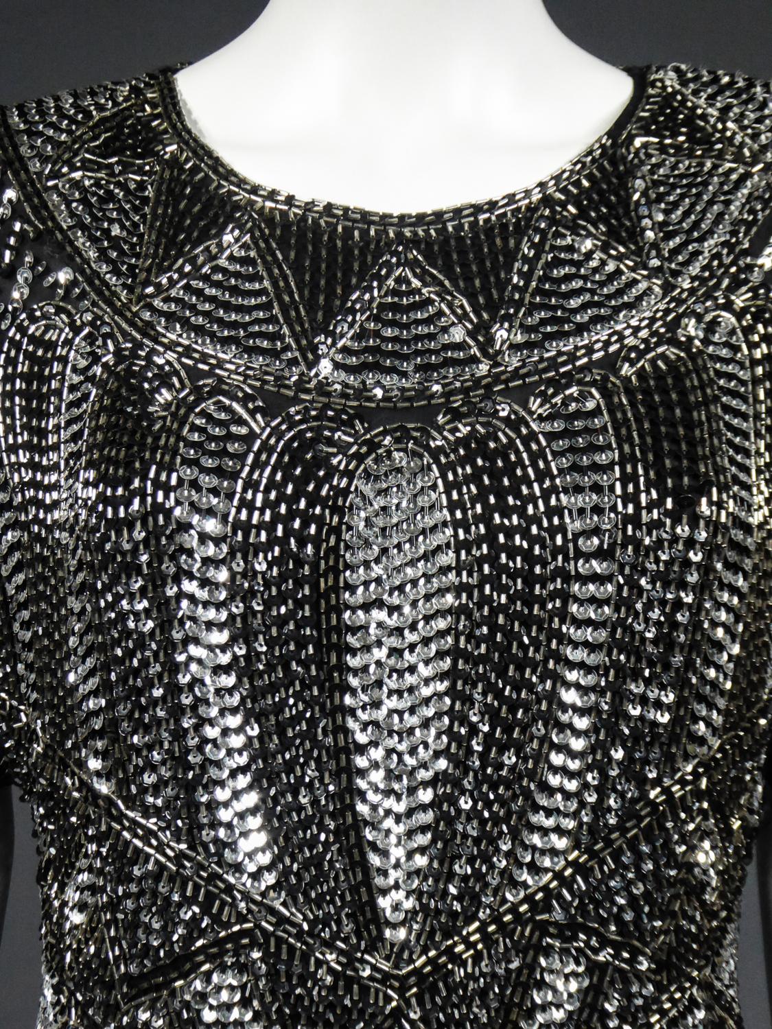 Music-Hall Evening Dress Embroidered with Black and Silver Sequins Circa 1980 For Sale 4