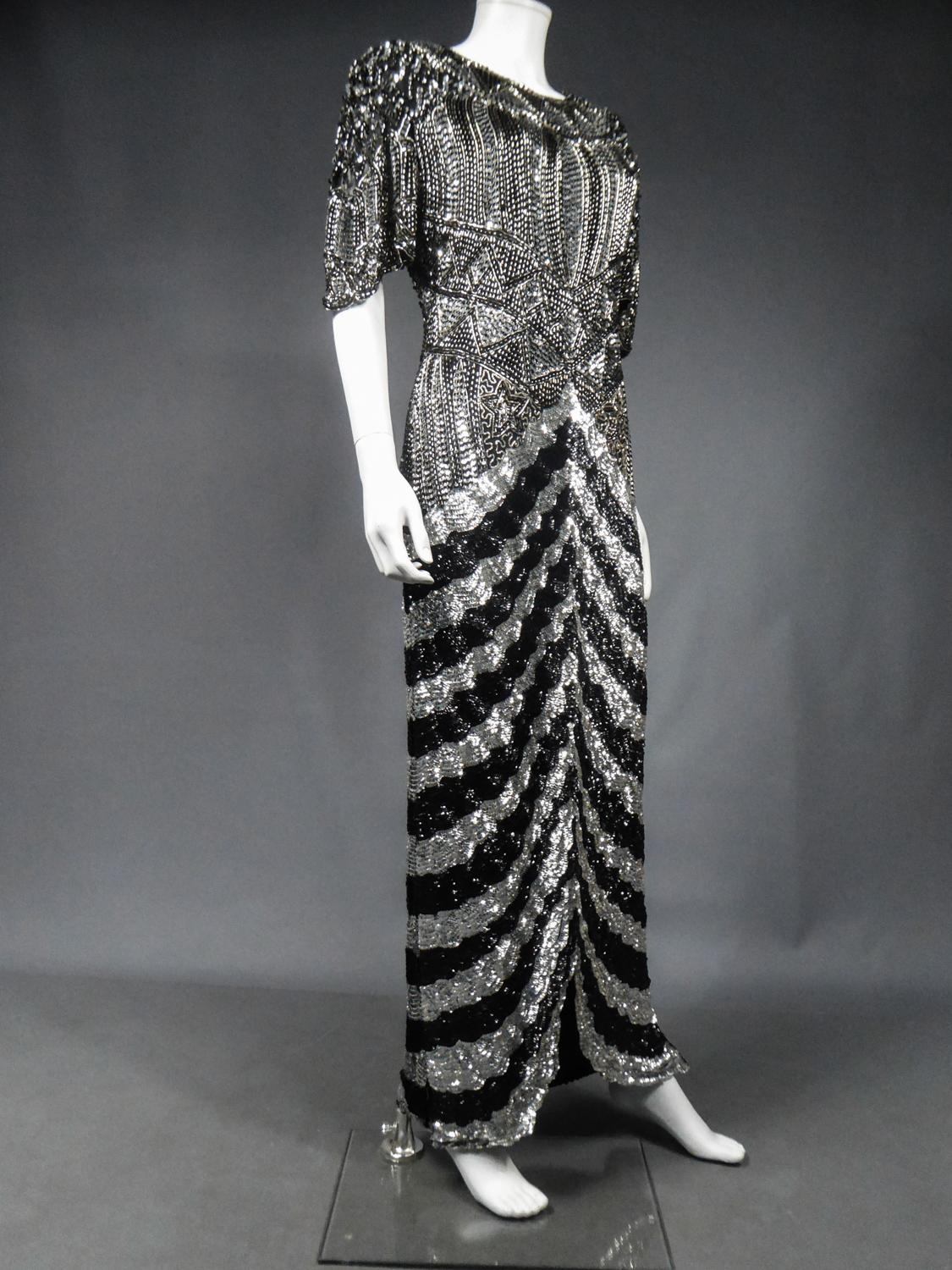 Music-Hall Evening Dress Embroidered with Black and Silver Sequins Circa 1980 For Sale 6