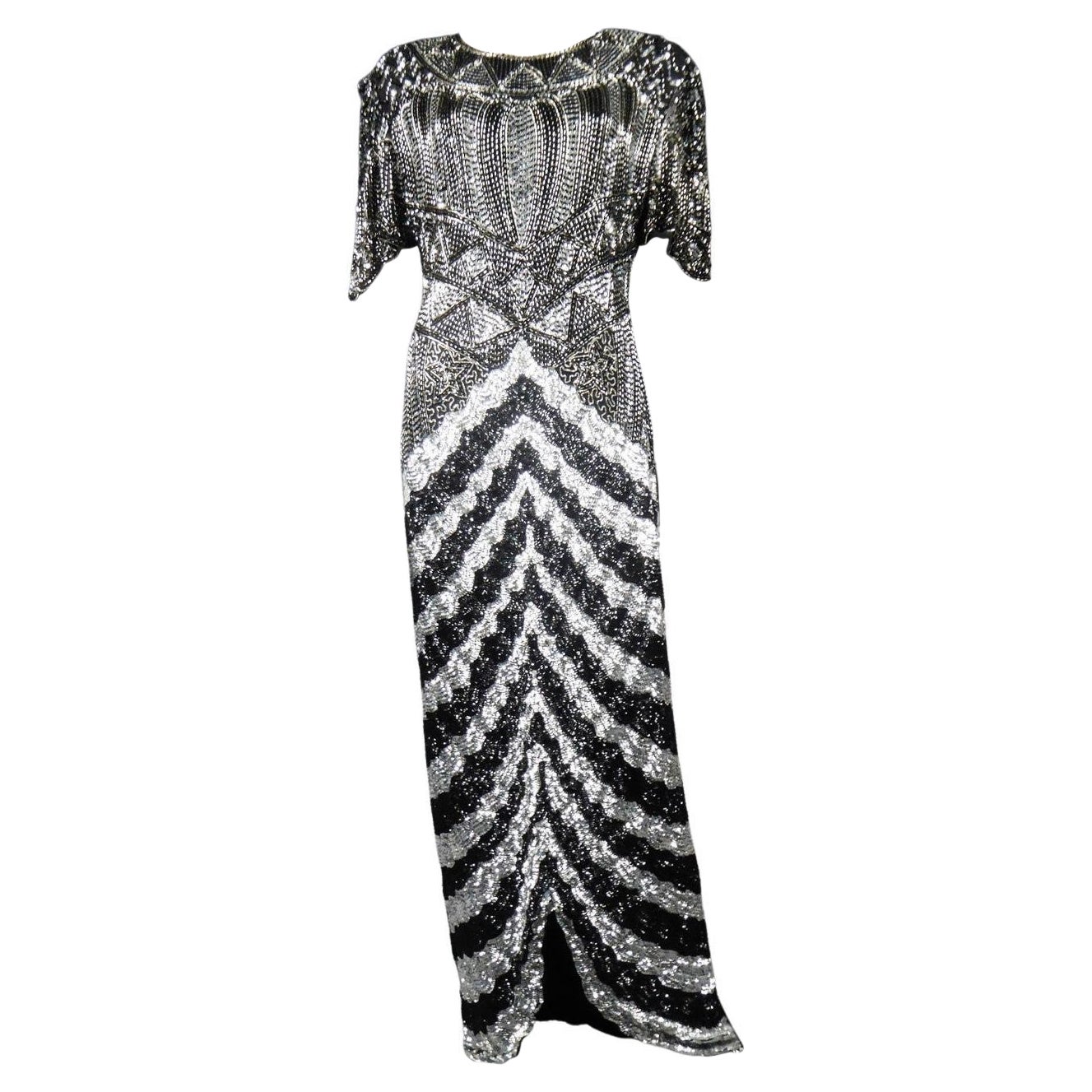 Music-Hall Evening Dress Embroidered with Black and Silver Sequins Circa 1980 For Sale