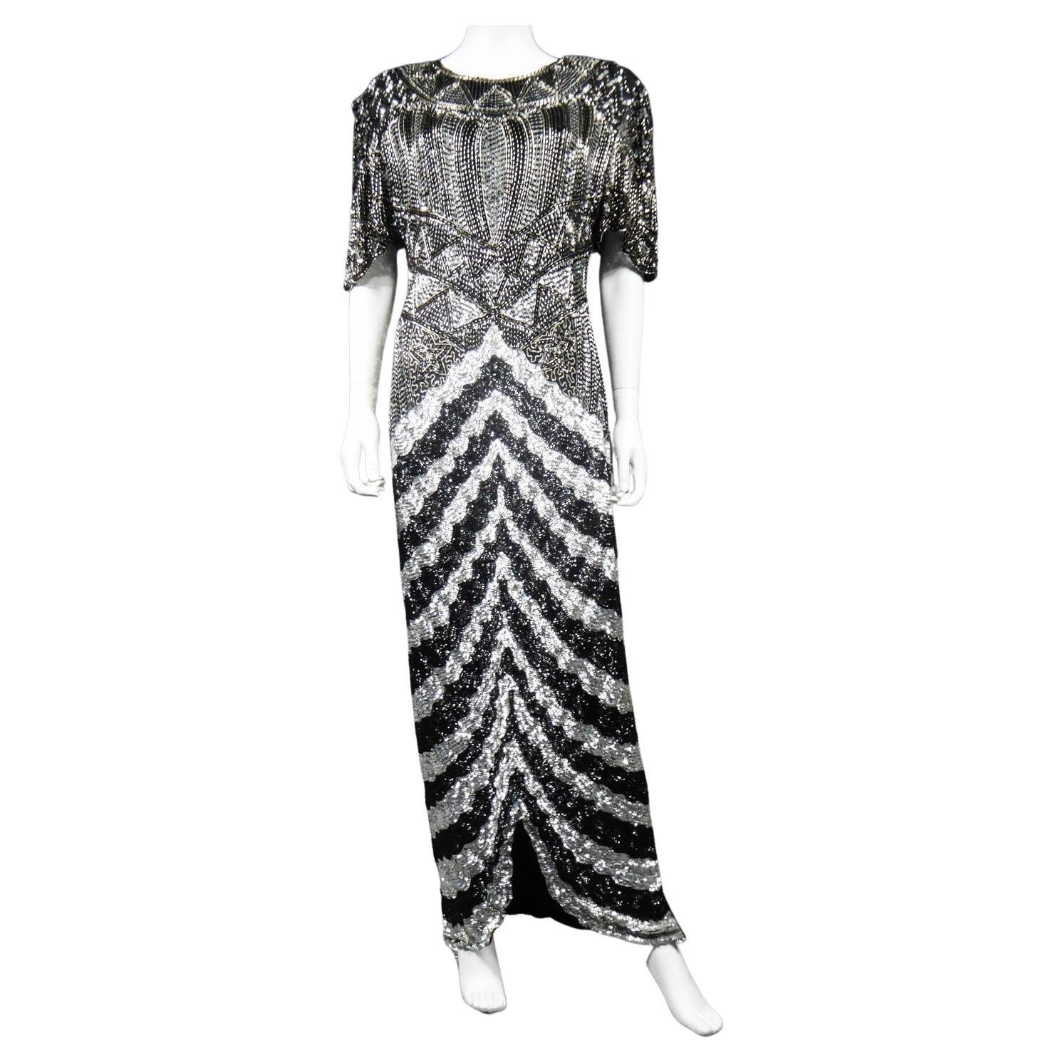 Music-Hall Evening Dress Embroidered with Black and Silver Sequins Circa 1980 For Sale