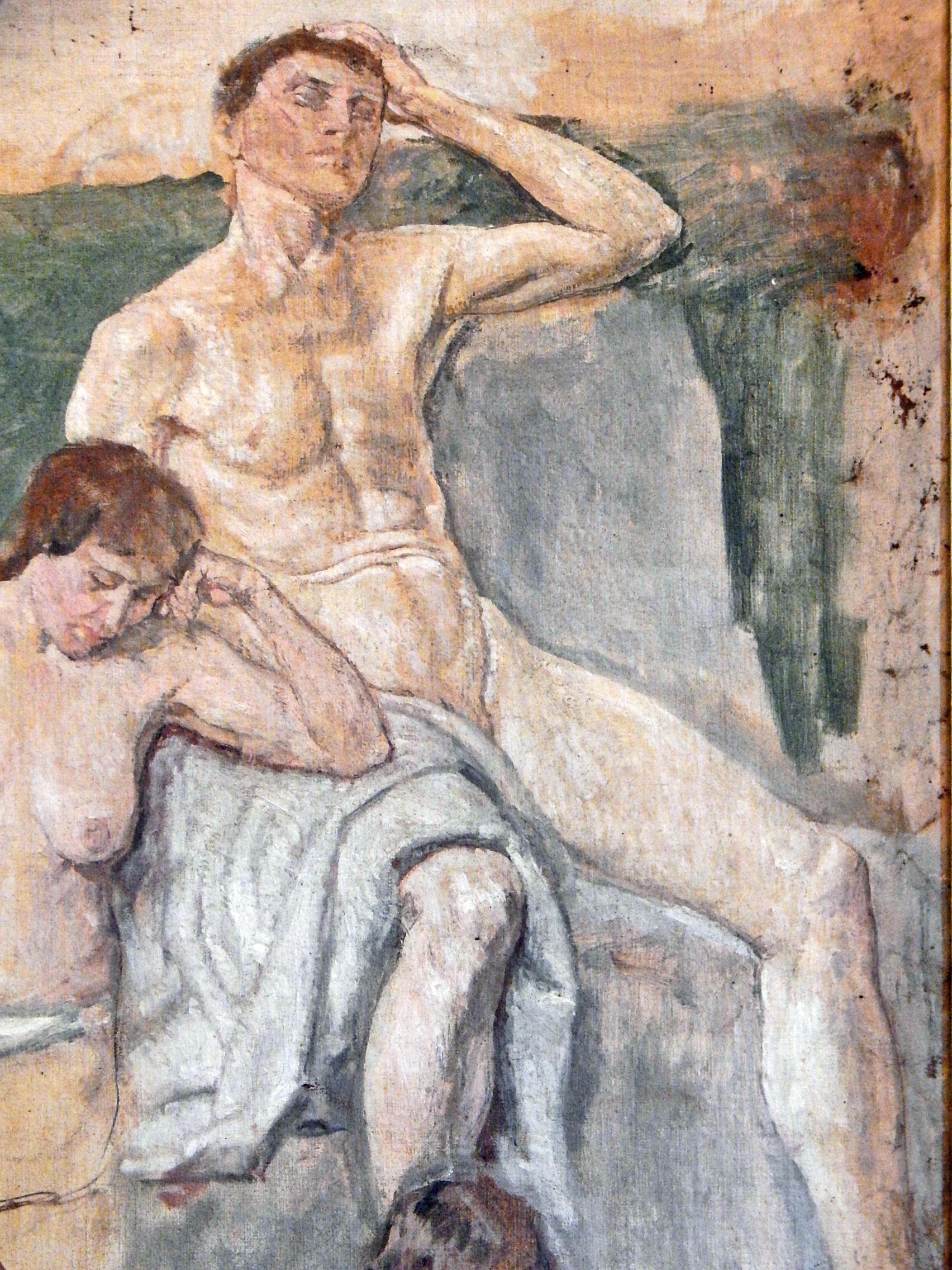 Diese detaillierte und sehr gut ausgeführte Studie von John Ramsey Conner für ein allegorisches Gemälde zeigt eine entspannte Gruppierung von nackten Figuren, die in blassen Elfenbein-, Moosgrün- und Fleischtönen ausgeführt sind. Sie befand sich im