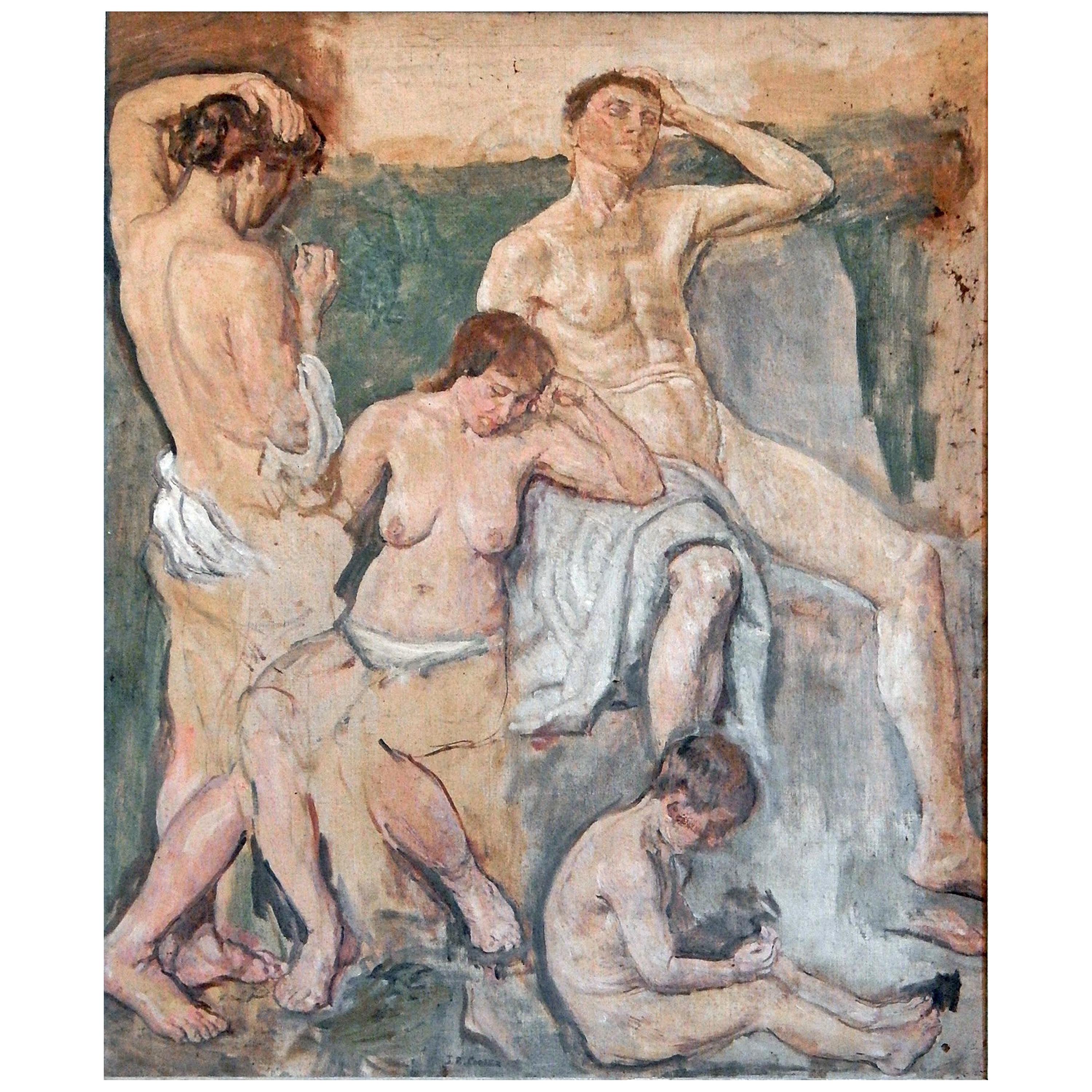 "Music, " High Accomplished Painting with Multiple Nudes by Conner, 1946
