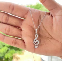 Music Note Treble Clef Diamond Pendant Necklace in 14k White Gold