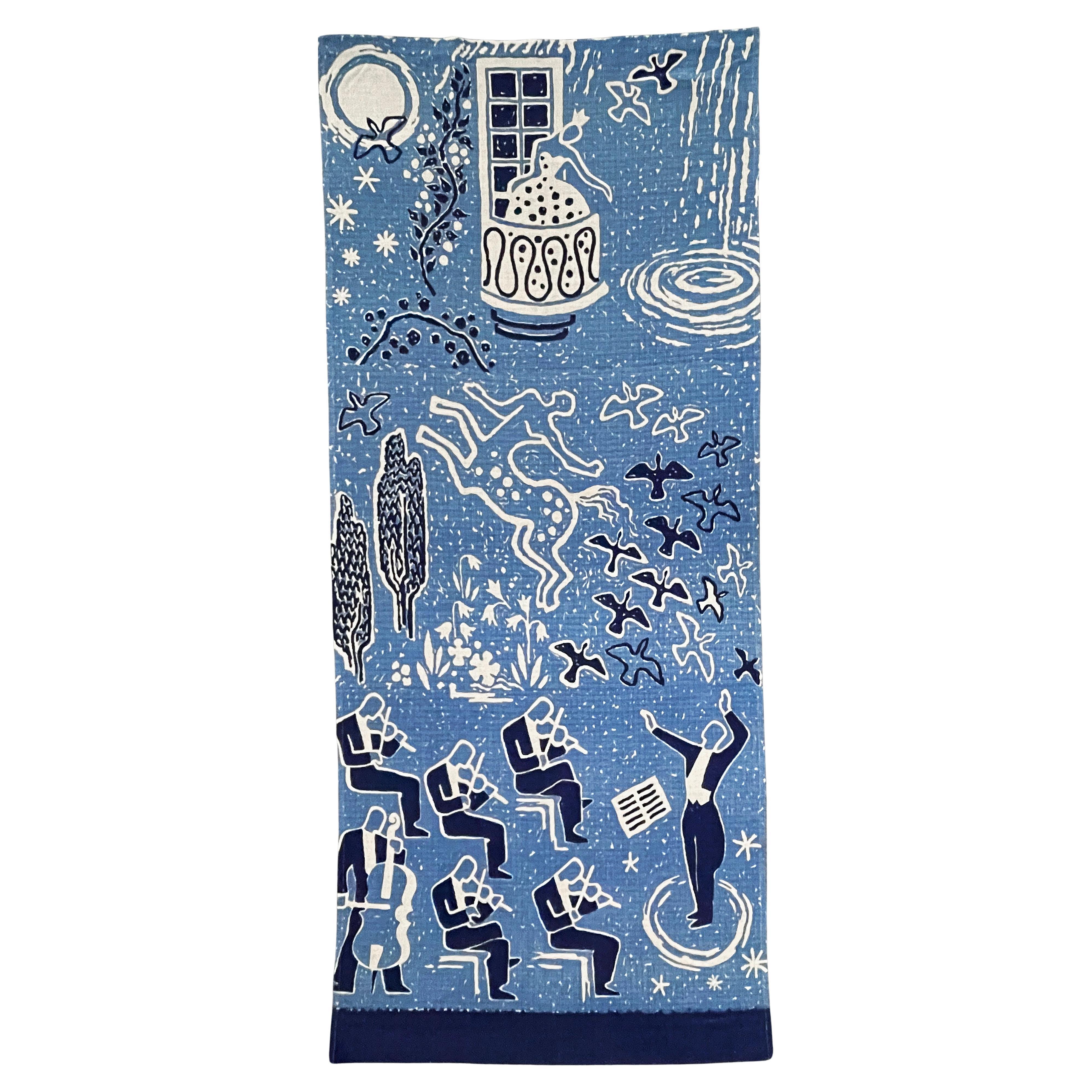 "Musica, teatro, balletto", grande e raro arazzo Art Deco in blu e bianco, 1944 in vendita