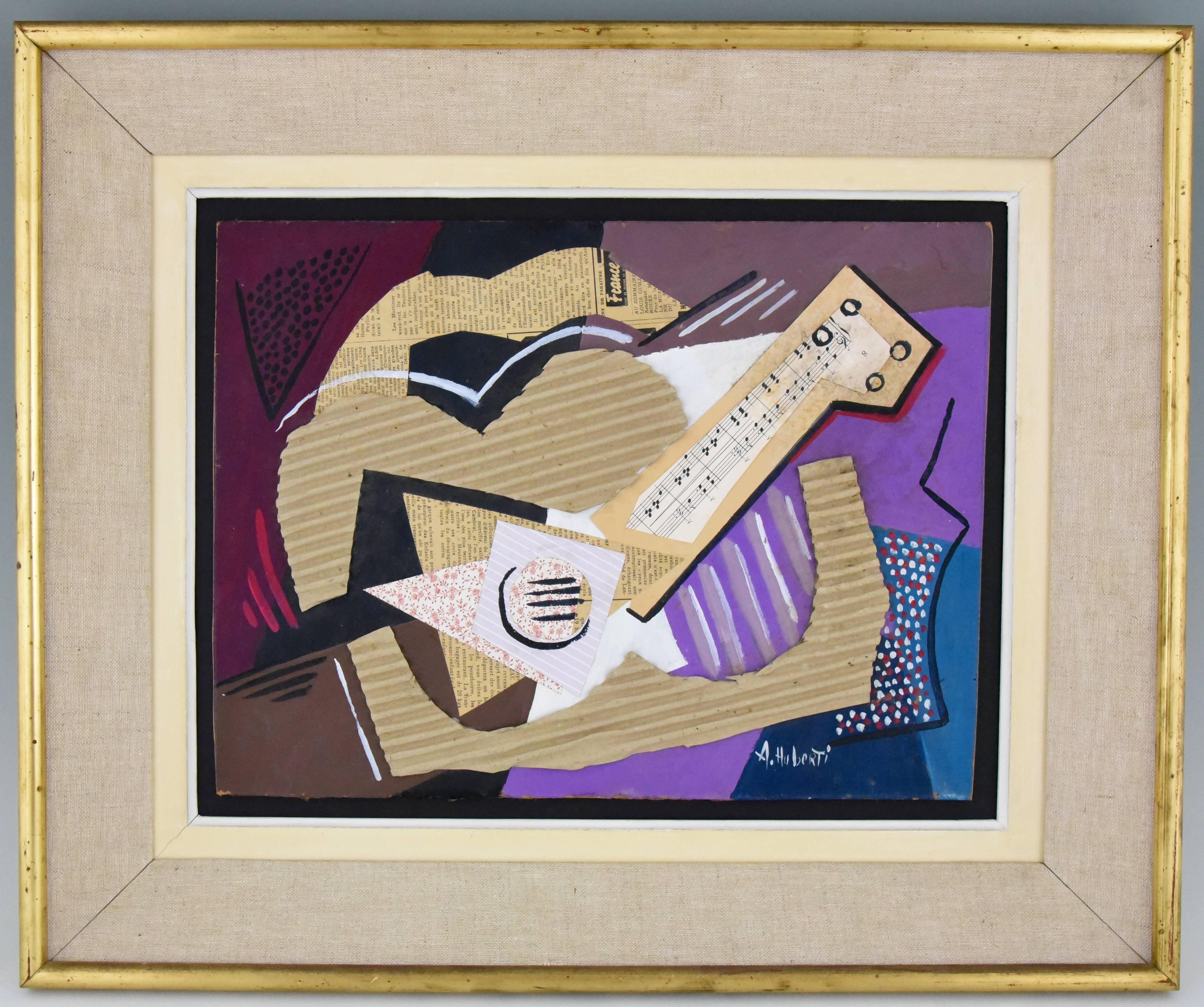 Description: Music, cubist collage with guitar and staff paper.
Artist/ maker: Antonio Huberti. Born in Spain in 1907, worked in France. 
Signature/ marks: A. Huberti. 
Date: 1940-1950 
Material: Mixed-media on cardboard. Framed. 
Origin: