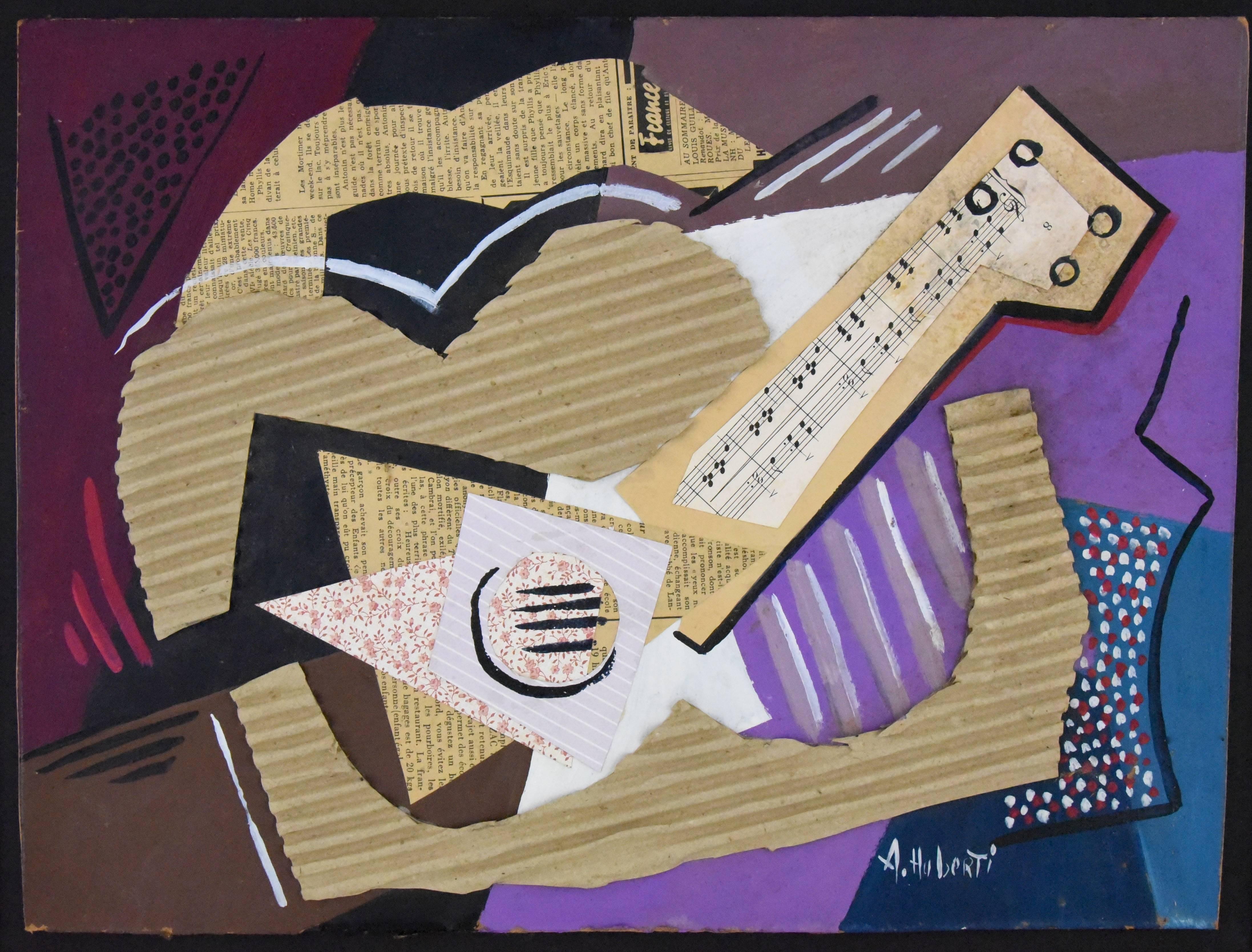 Mid-Century Modern Music, Cubist Collage with Guitar and Staff Paper by Antonio Huberti, 1940