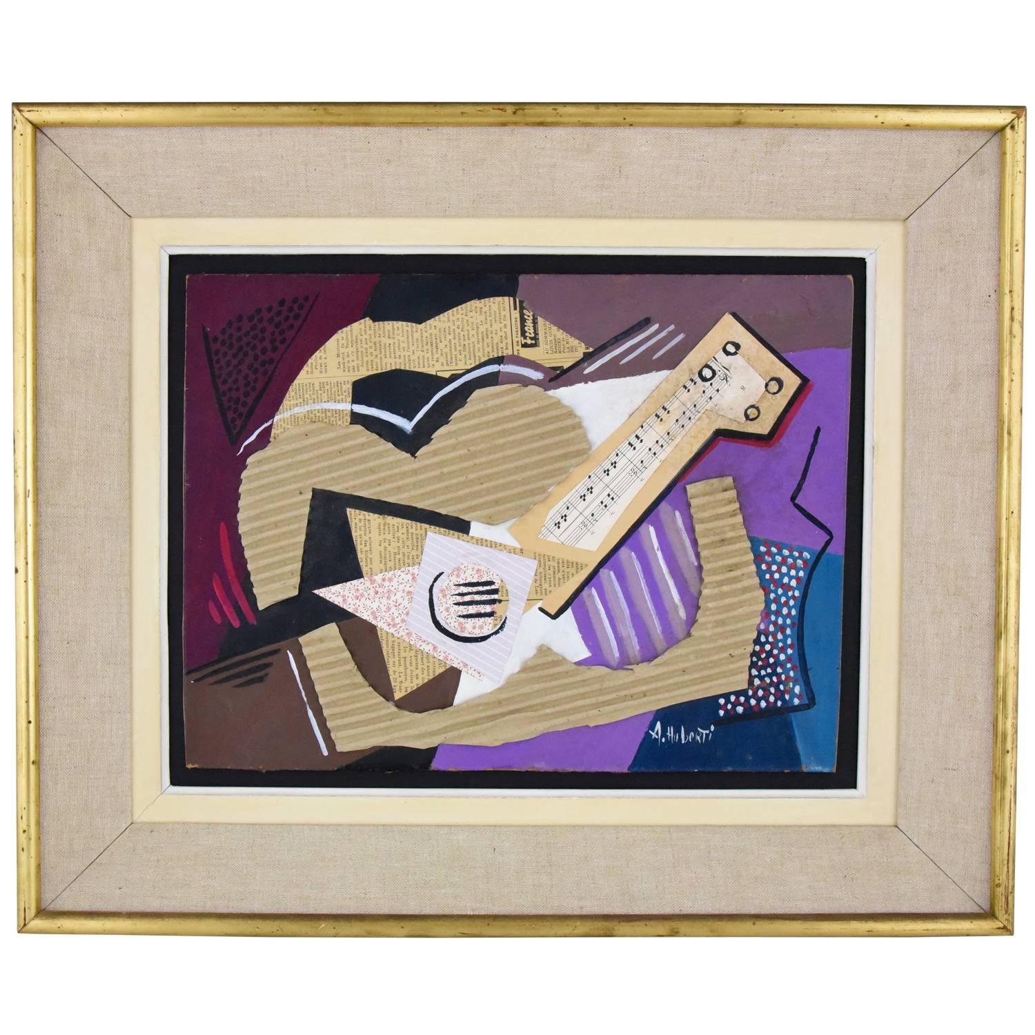 Music, Cubist Collage with Guitar and Staff Paper by Antonio Huberti, 1940