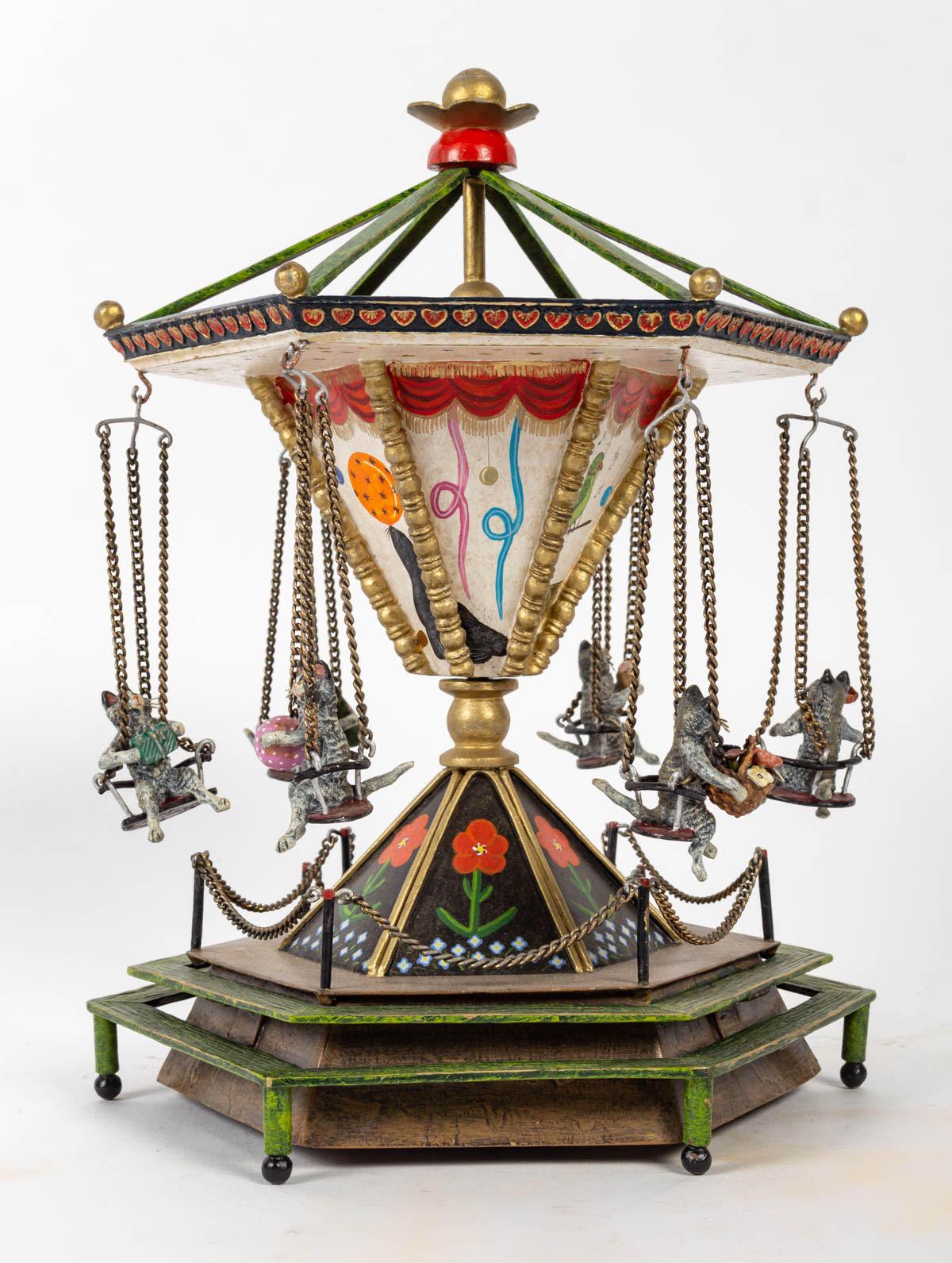 Napoleon III Musical Enameled Bronze Carousel, 19th Century. For Sale