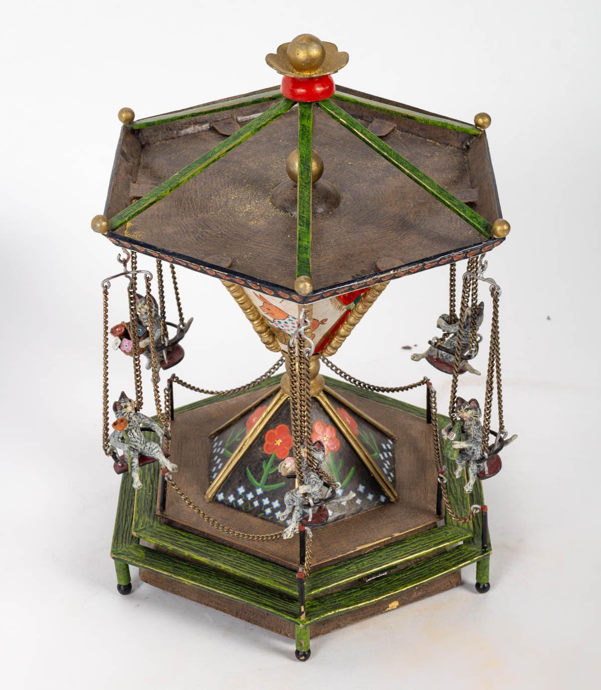 European Musical Enameled Bronze Carousel, 19th Century. For Sale