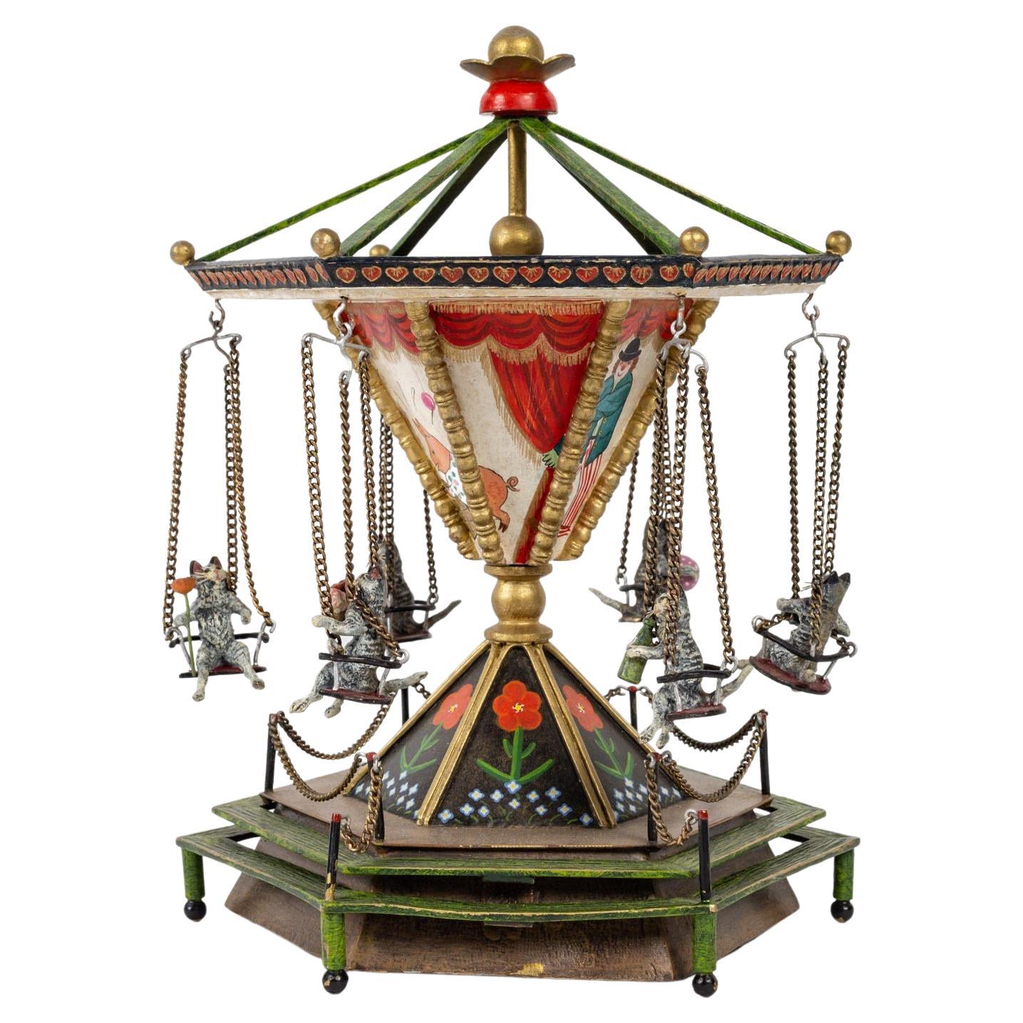 Musical Enameled Bronze Carousel, 19th Century. For Sale