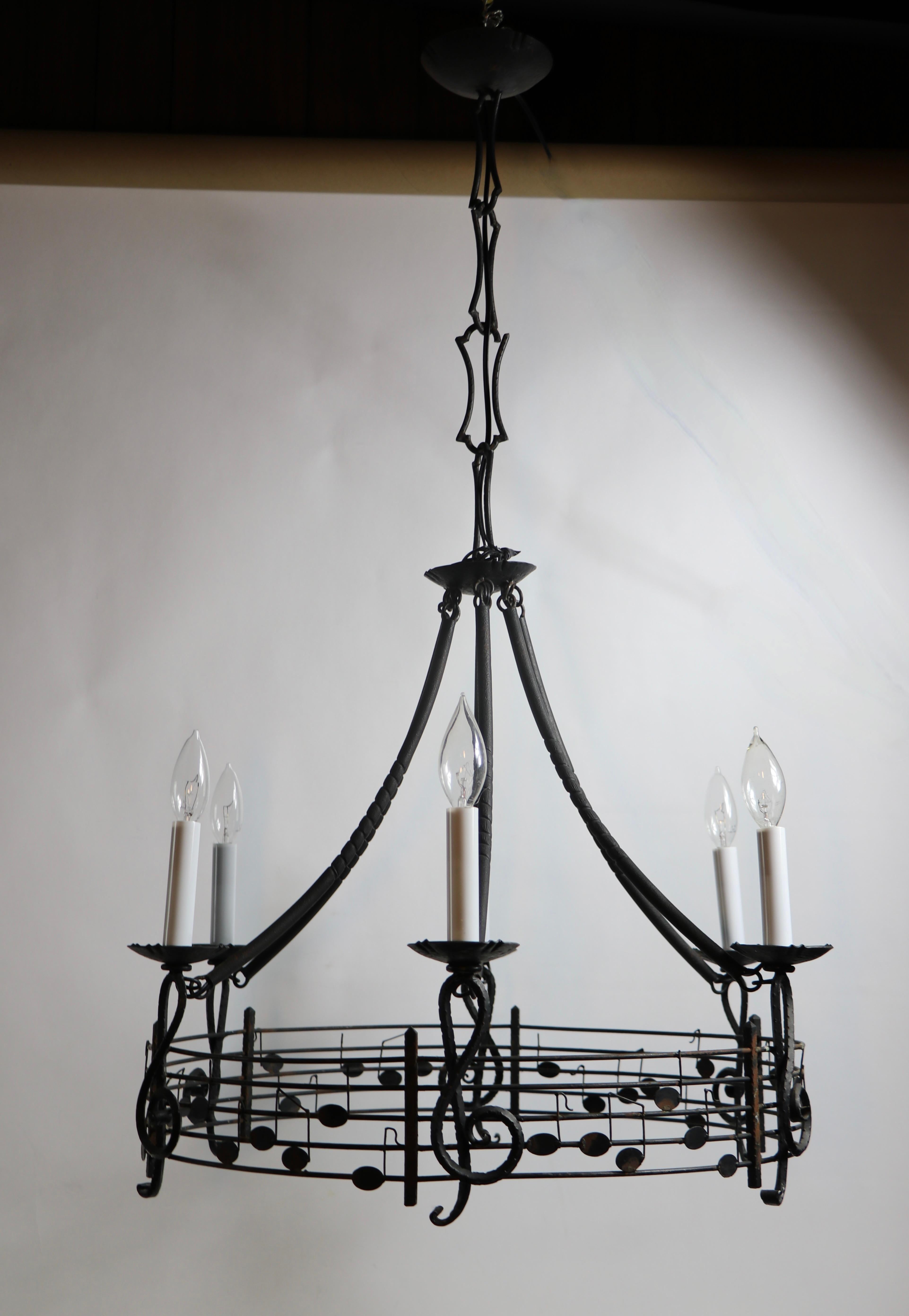 Musical Motif Brutalist Wrought Iron Chandelier Made in Hungary For Sale 6