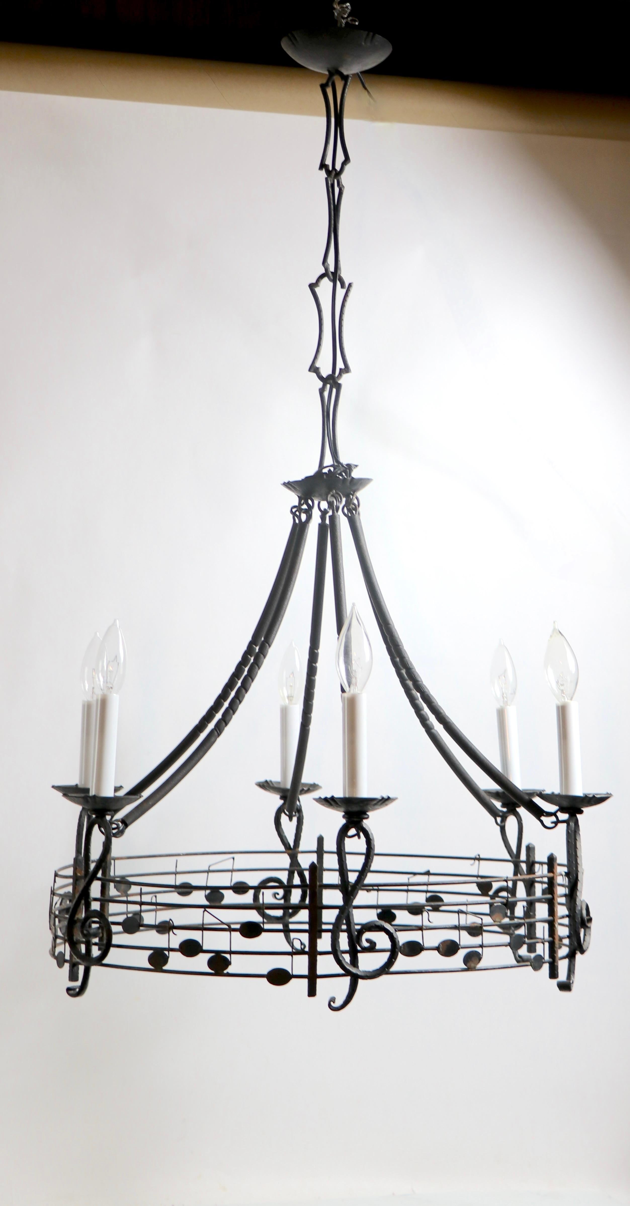 Musical Motif Brutalist Wrought Iron Chandelier Made in Hungary For Sale 7