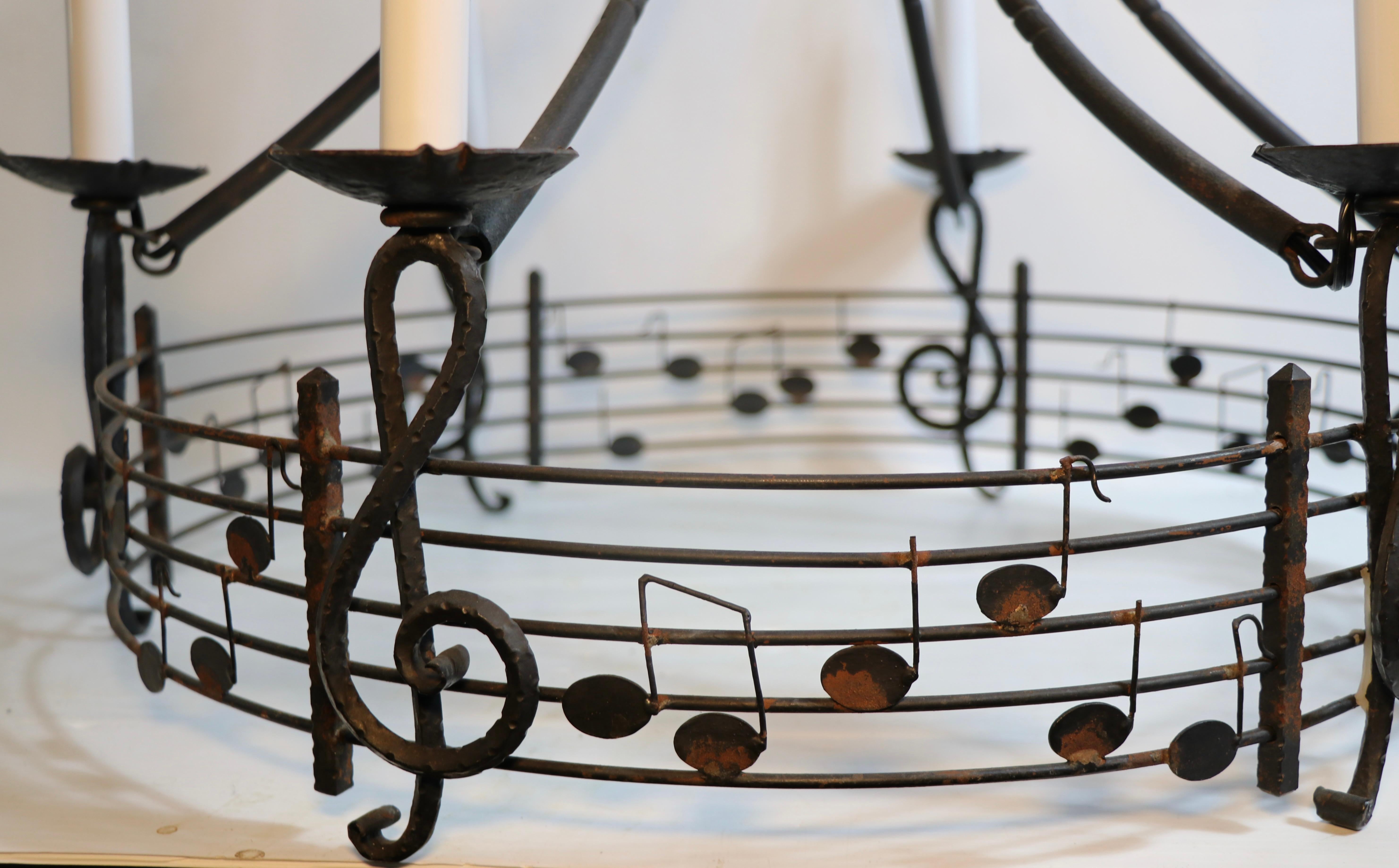 Hungarian Musical Motif Brutalist Wrought Iron Chandelier Made in Hungary For Sale