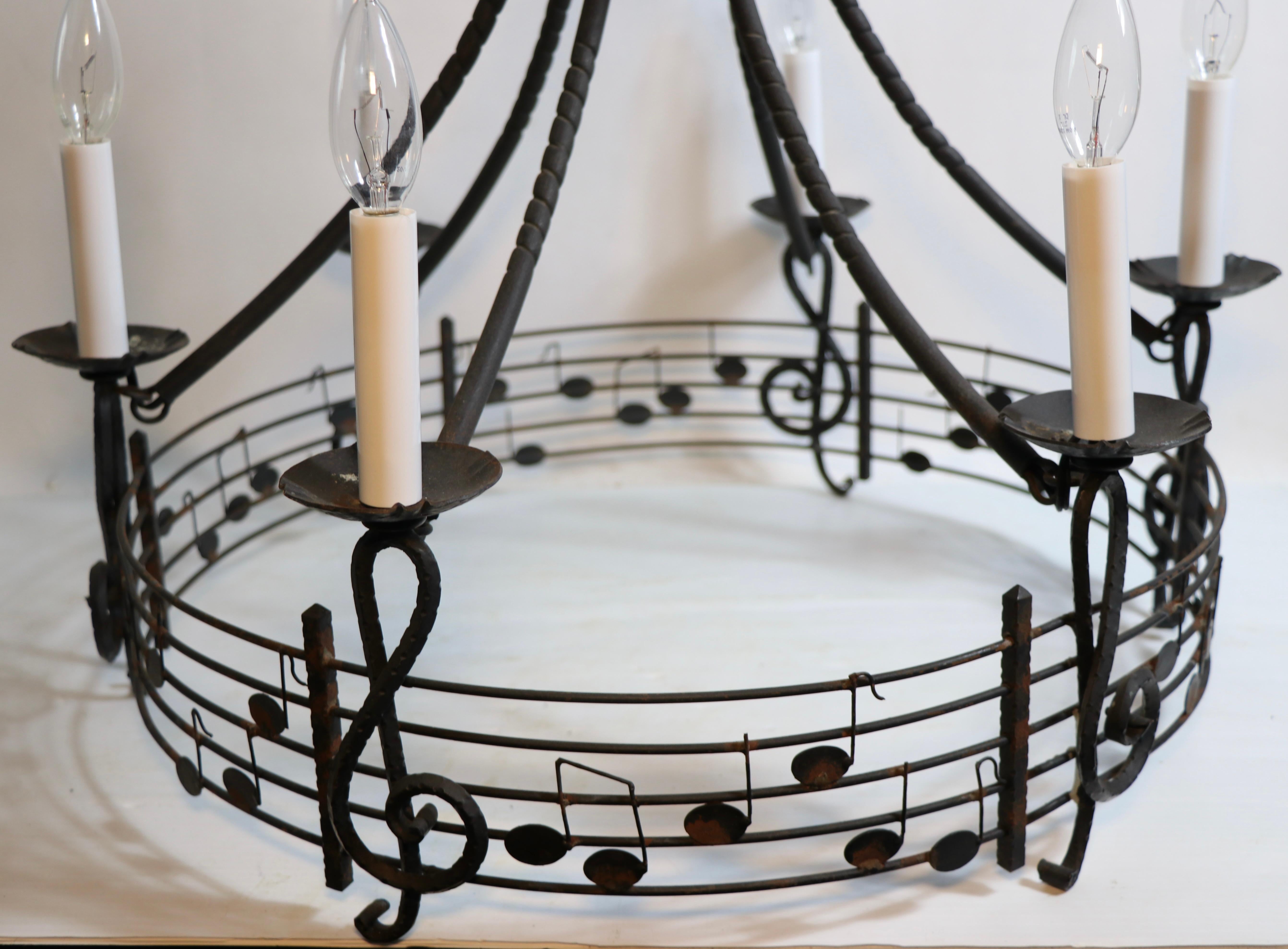 Musical Motif Brutalist Wrought Iron Chandelier Made in Hungary In Good Condition For Sale In New York, NY