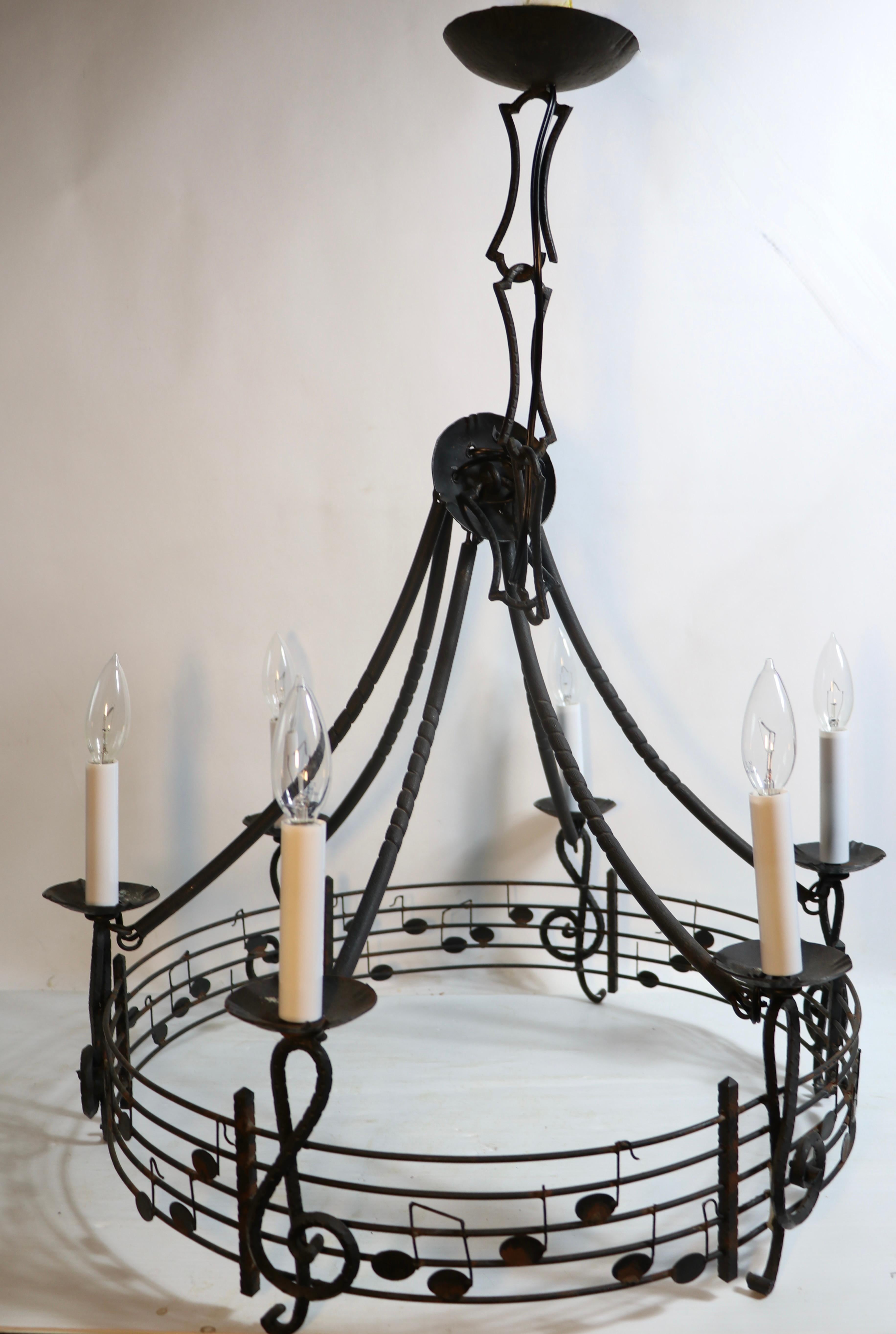 20th Century Musical Motif Brutalist Wrought Iron Chandelier Made in Hungary For Sale