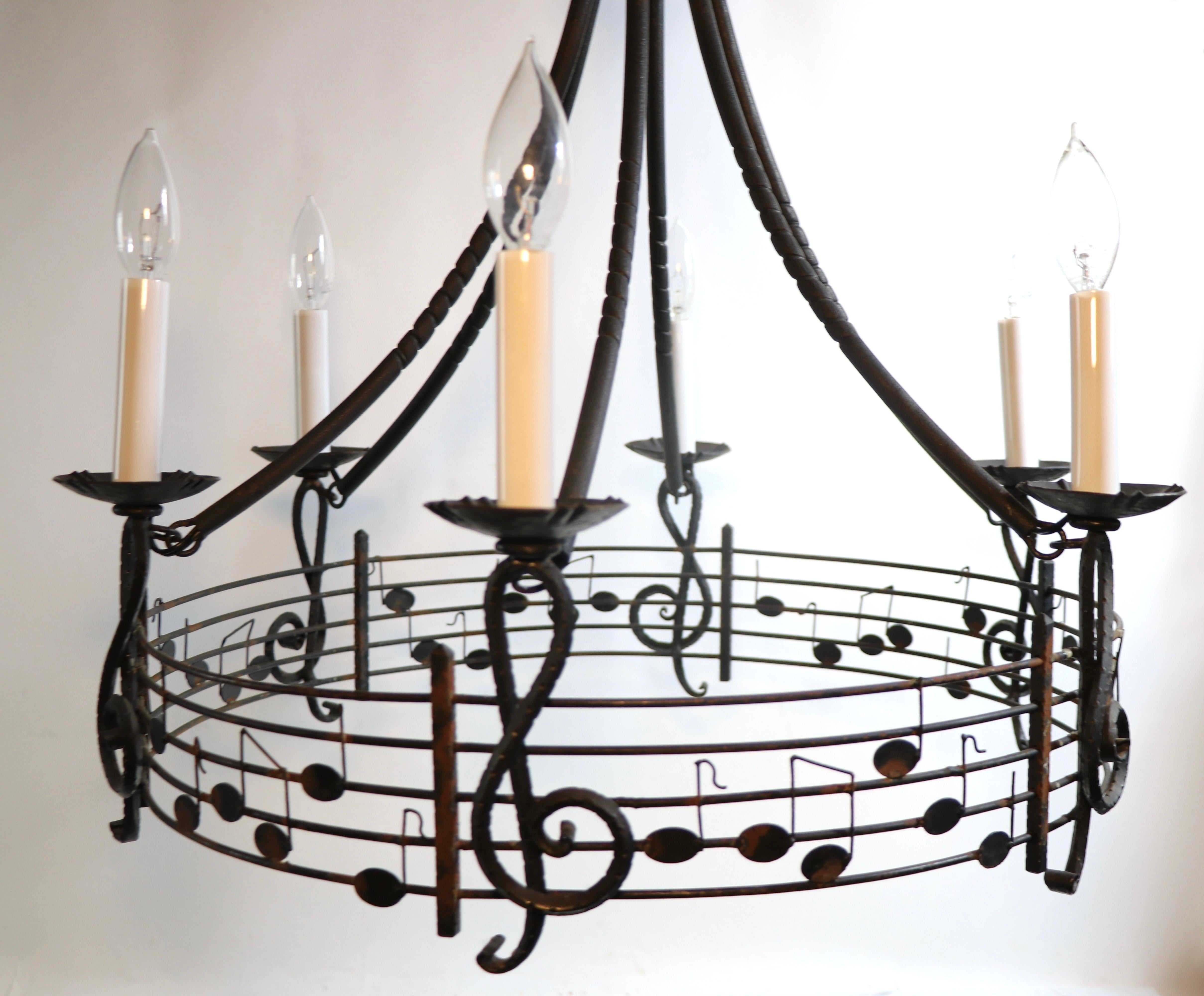 Musical Motif Brutalist Wrought Iron Chandelier Made in Hungary For Sale 1