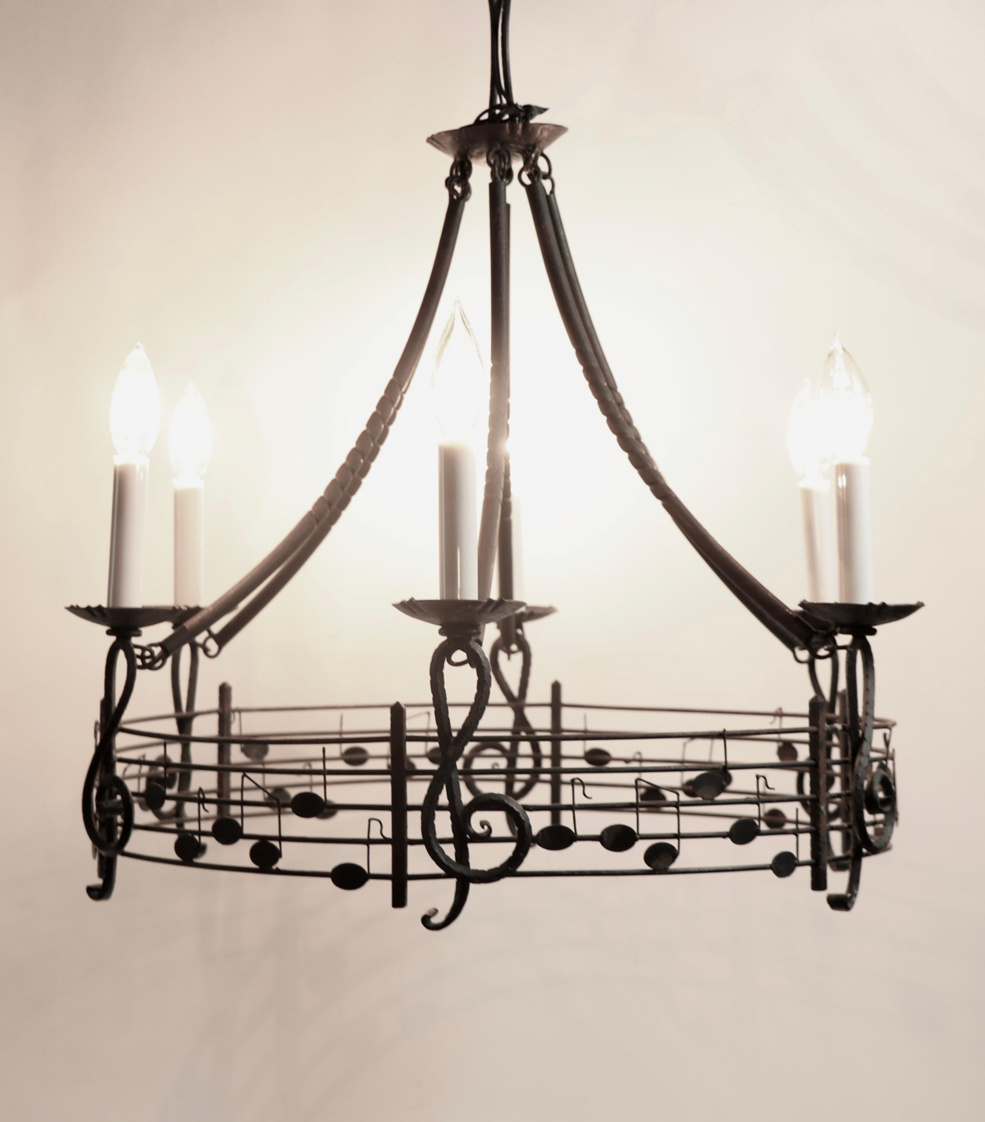 Musical Motif Brutalist Wrought Iron Chandelier Made in Hungary For Sale 2