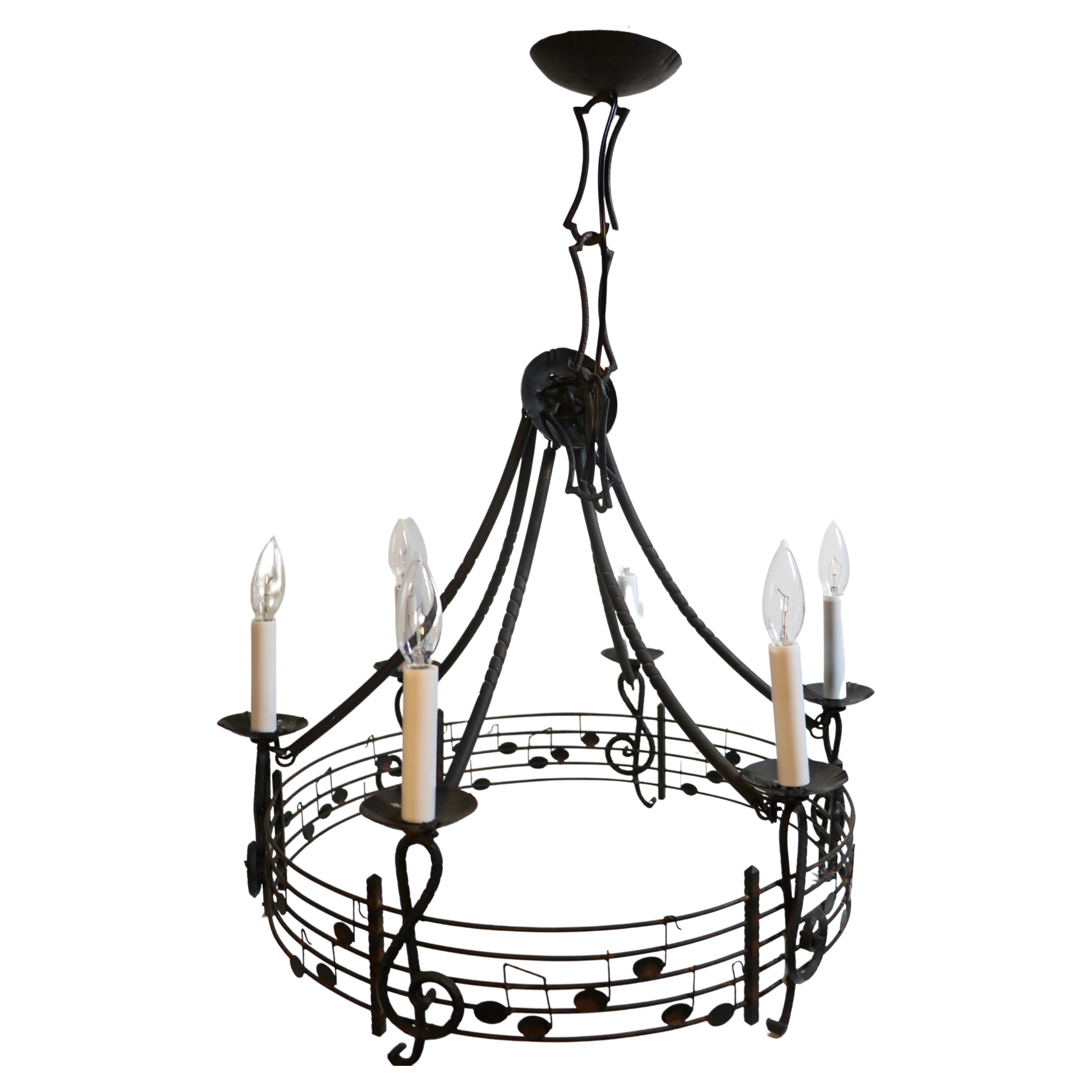 Musical Motif Brutalist Wrought Iron Chandelier Made in Hungary