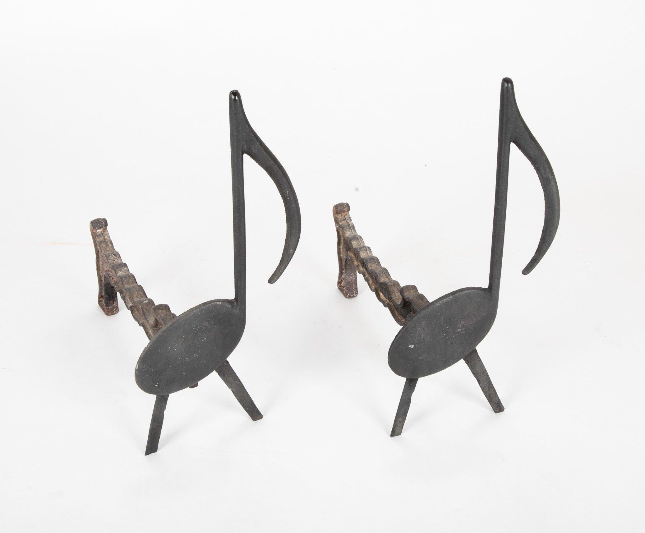 Folk Art Musical Note Wrought Iron Andirons Stamped Nashville TN, 1920s For Sale
