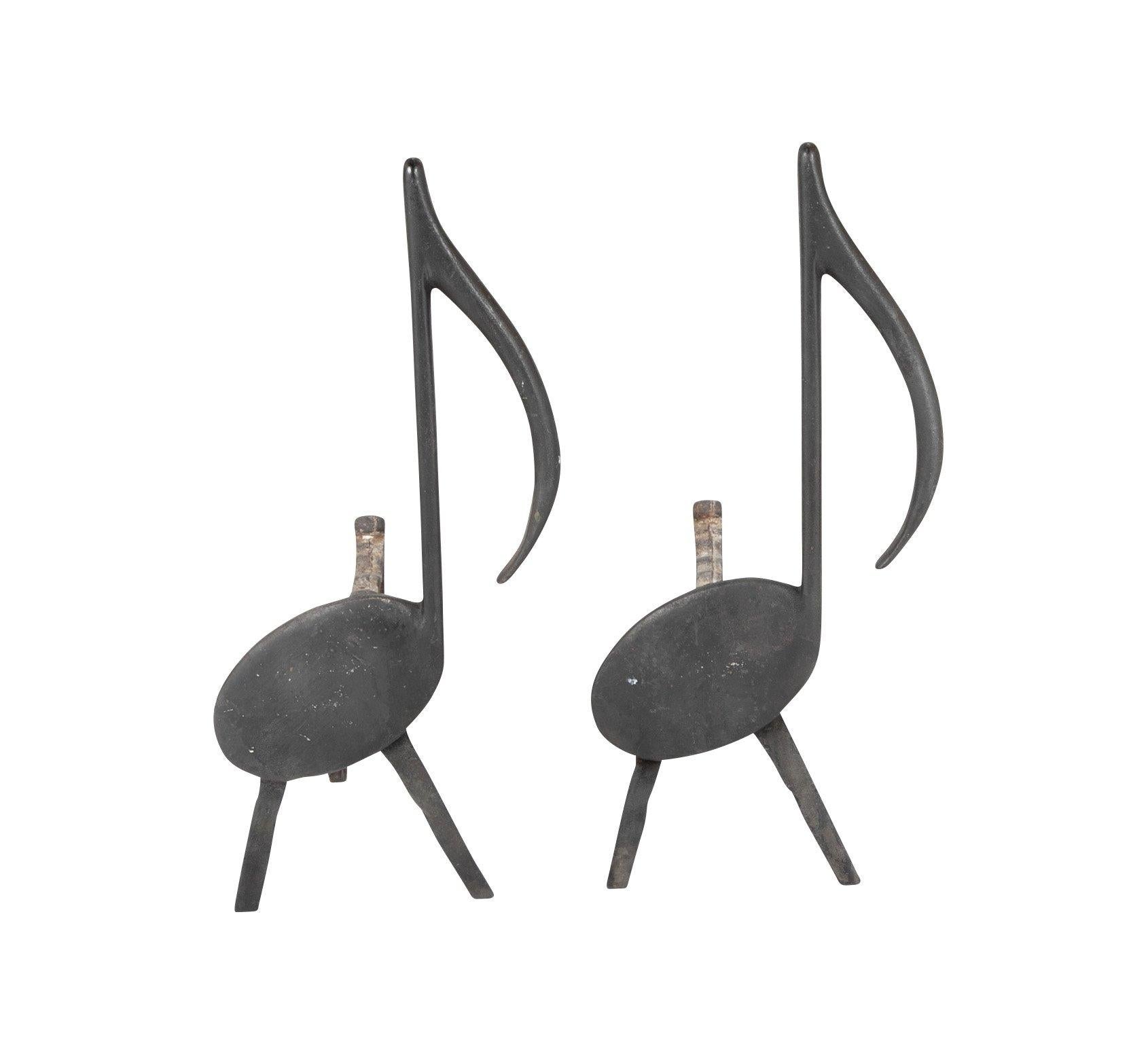 American Musical Note Wrought Iron Andirons Stamped Nashville TN, 1920s For Sale