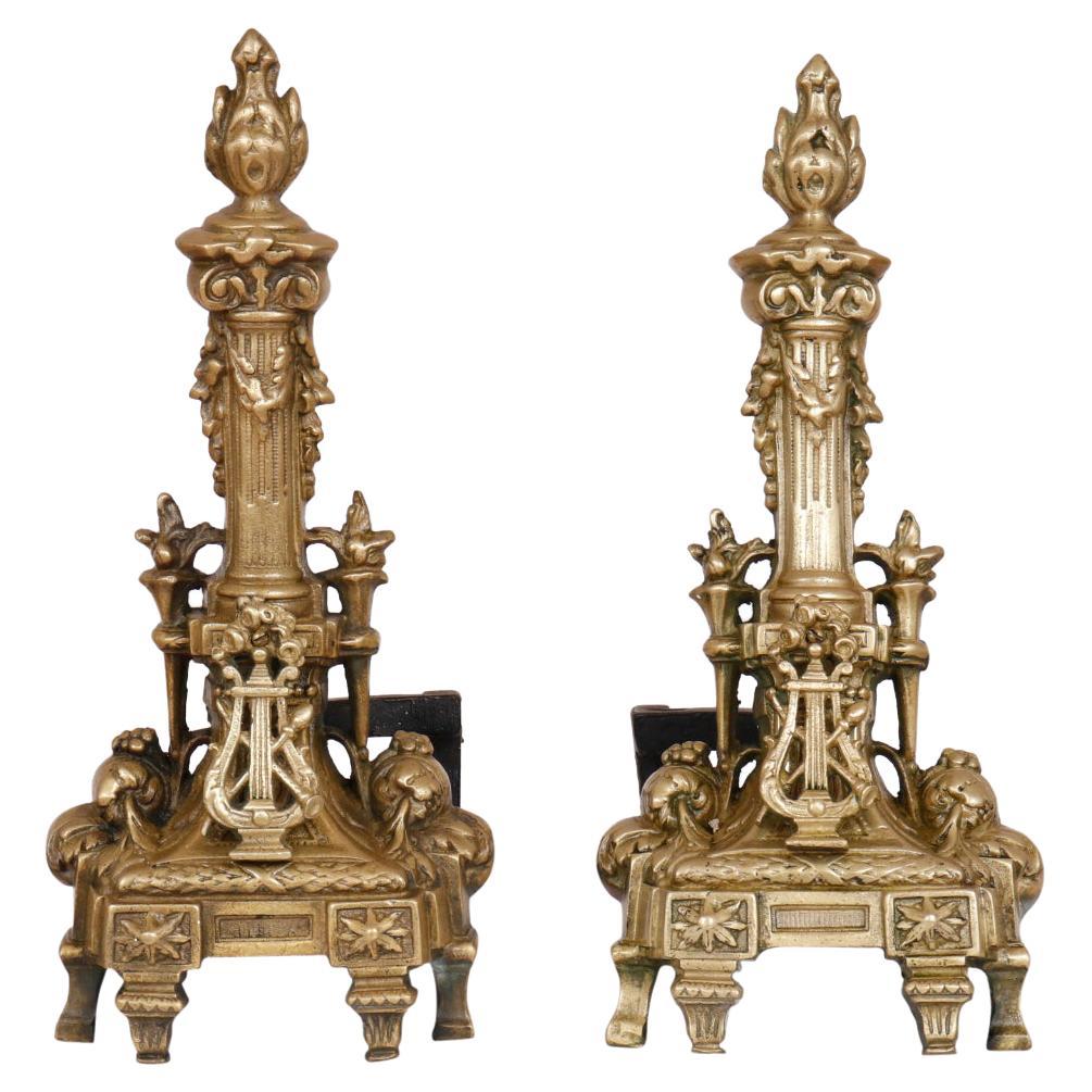 Musical Regency Brass Andirons, a Pair For Sale