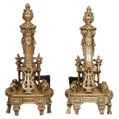 Used Musical Regency Brass Andirons, a Pair