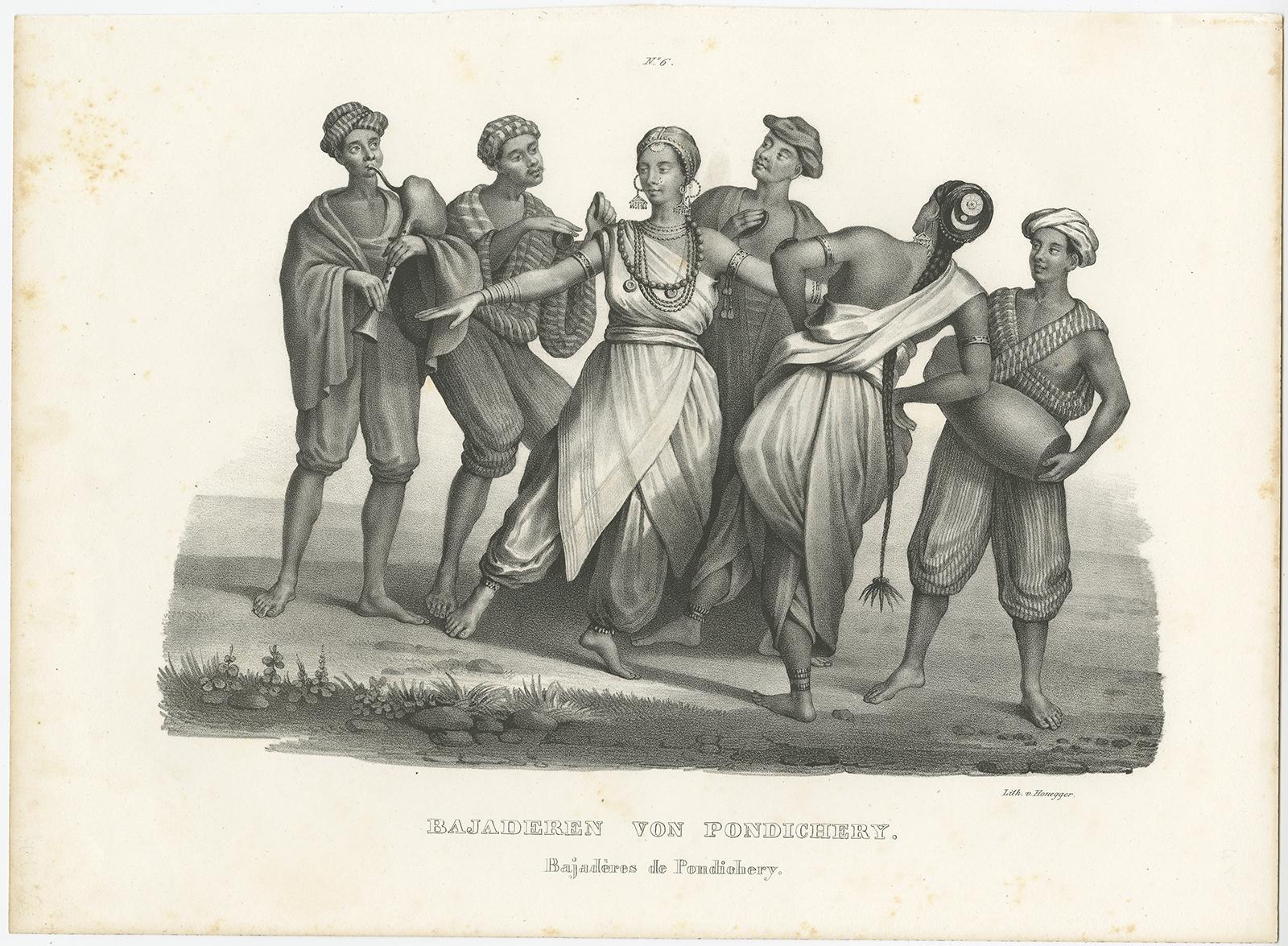Antique print titled 'Bajaderen von Pondichery, Bajadères de Pondichery'. 

This print depicts musicians from Pondicherry, India. 

Europeans referred to exotic Indian dancers as Bajaderes (French bayadère, from Port. bailadeira – female dancer,