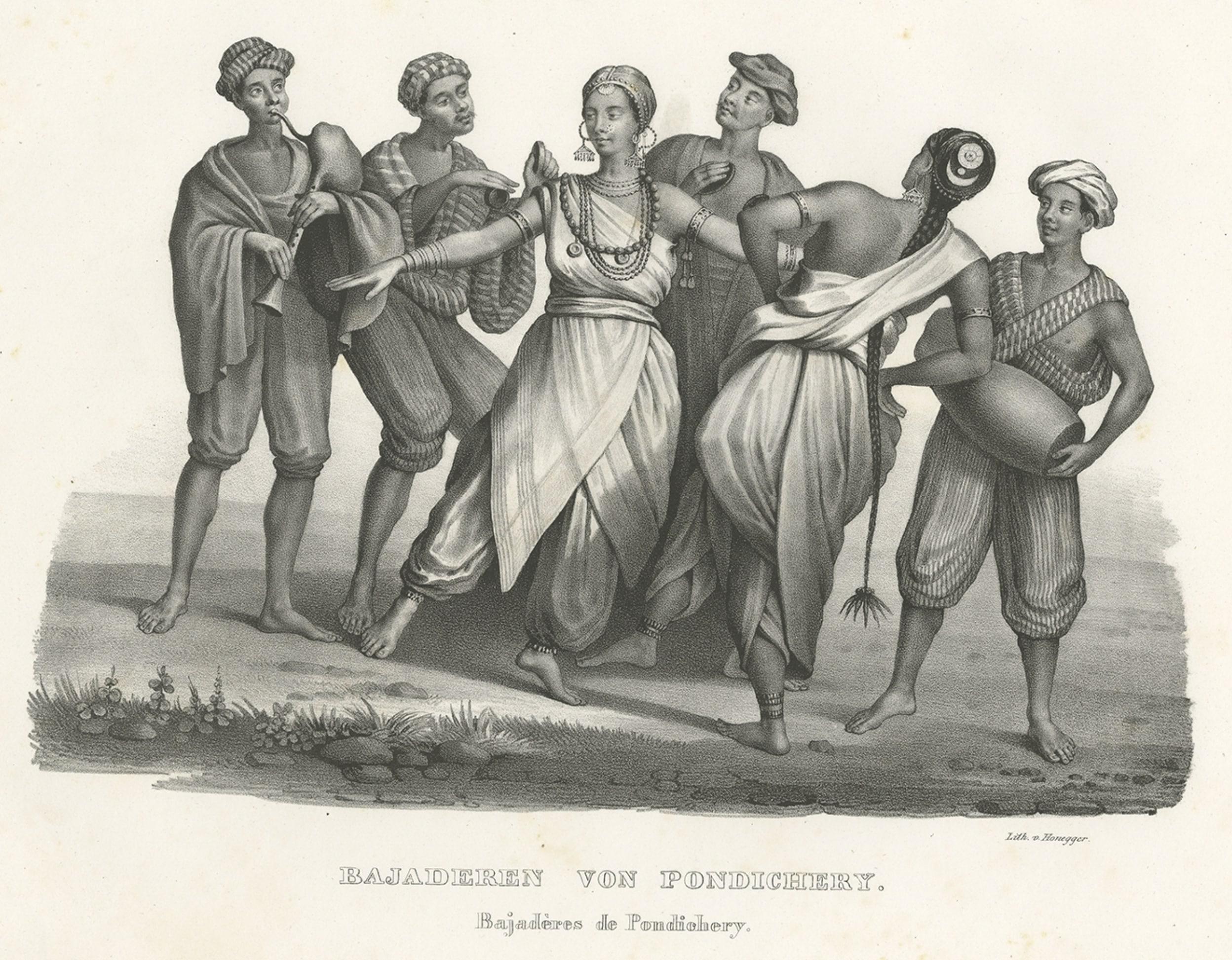 Musiker und Bajadere-Tänzer aus Pondicherry, Indien, ca. 1845 im Zustand „Gut“ im Angebot in Langweer, NL