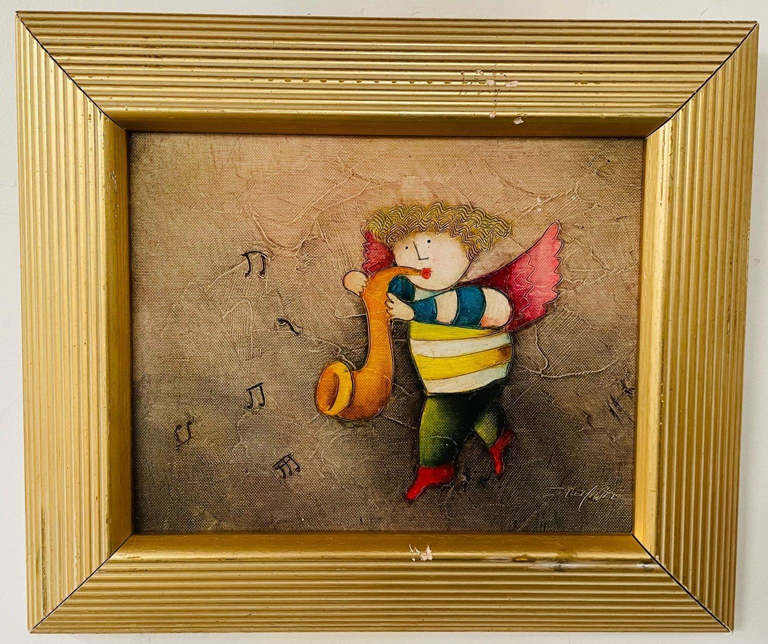 The four oil on canvas paintings depict a group of children playing different instruments in the style of Graciela Rodo Boulanger ( Bolvian , 1935) The vivid colors and beautiful different gilt frames give the paintings a distinctive look.