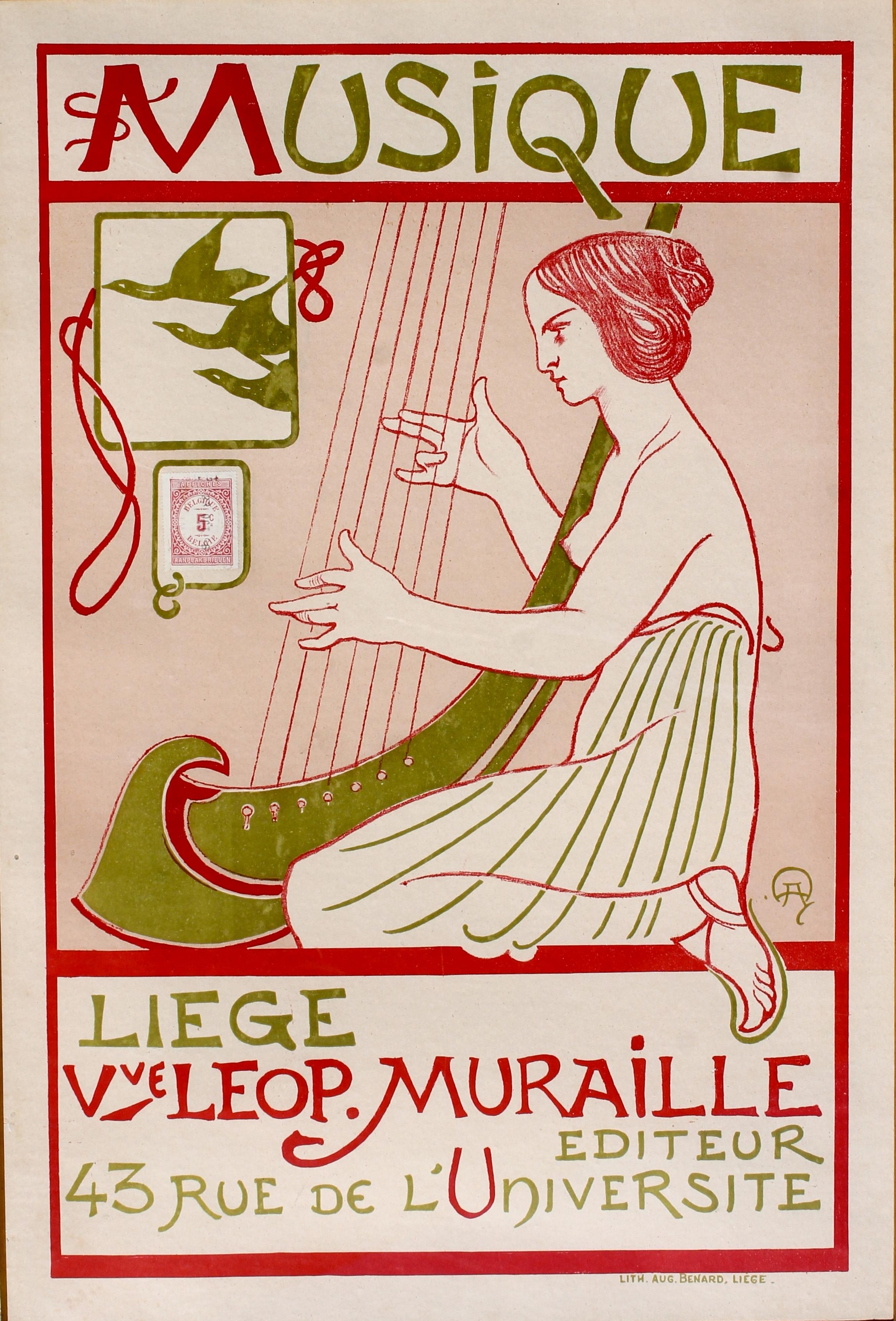 Lithographed by August Benard, Liege, Belgium c.1895, advertising- ' Musique Liege', Leop. Muraille, Editeur 43 Rue de L'Universite. Signed with initials, contains an actual Belgium stamp. Fine conservation framing, matted and glazed gold leaf frame