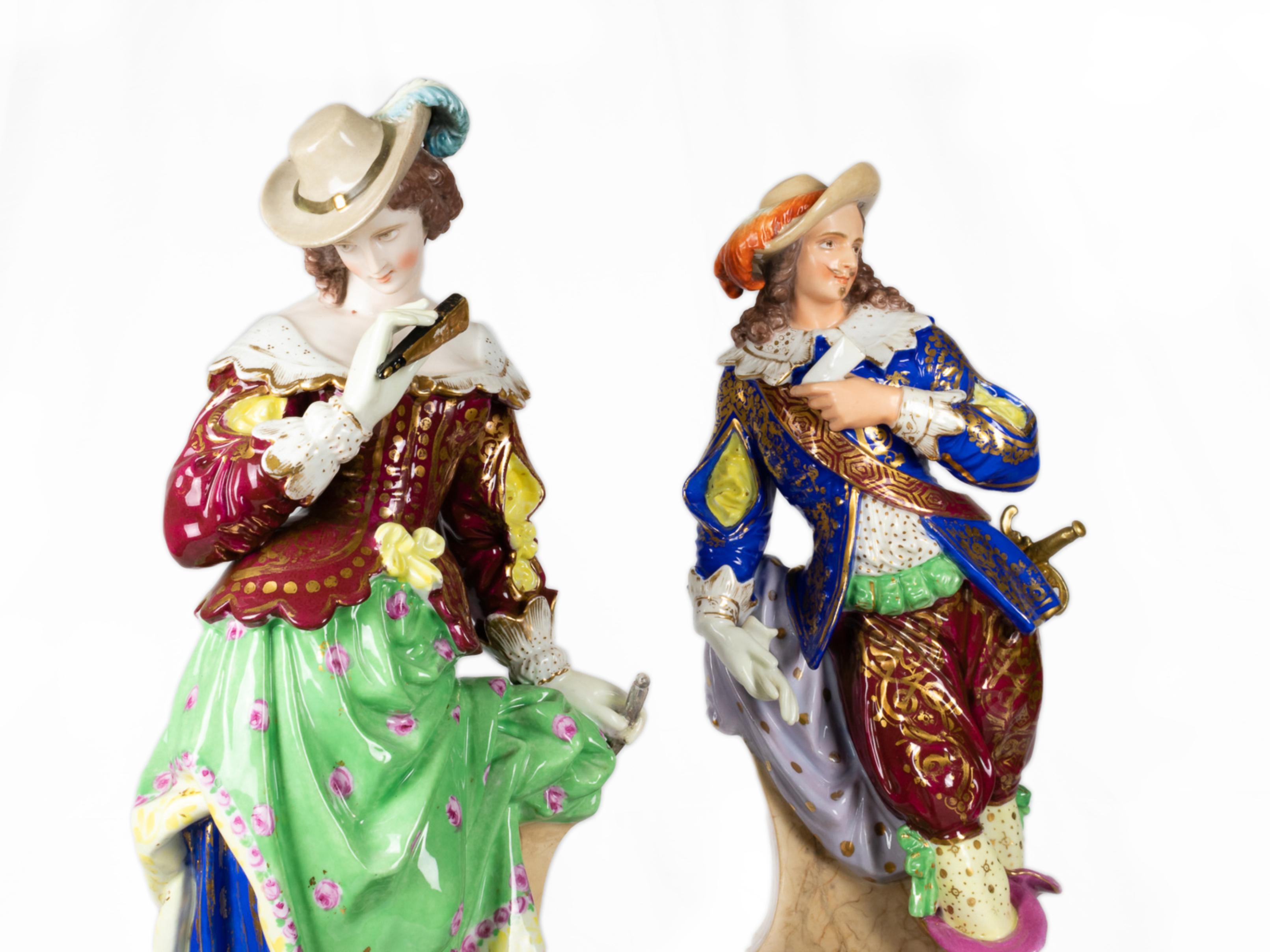 German Musketeer & Lady Porcelain Statues, 20th Century For Sale