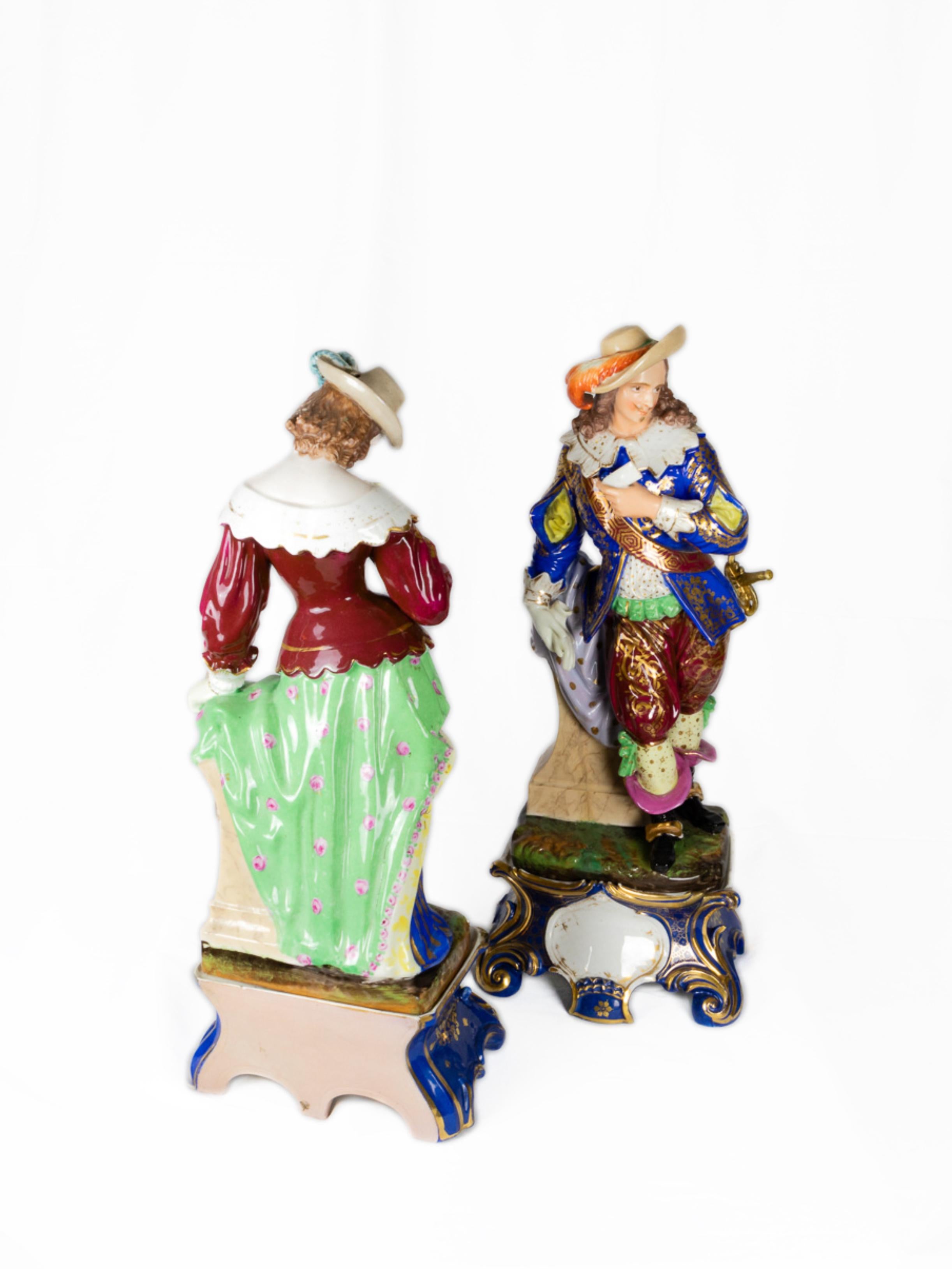Hand-Painted Musketeer & Lady Porcelain Statues, 20th Century For Sale