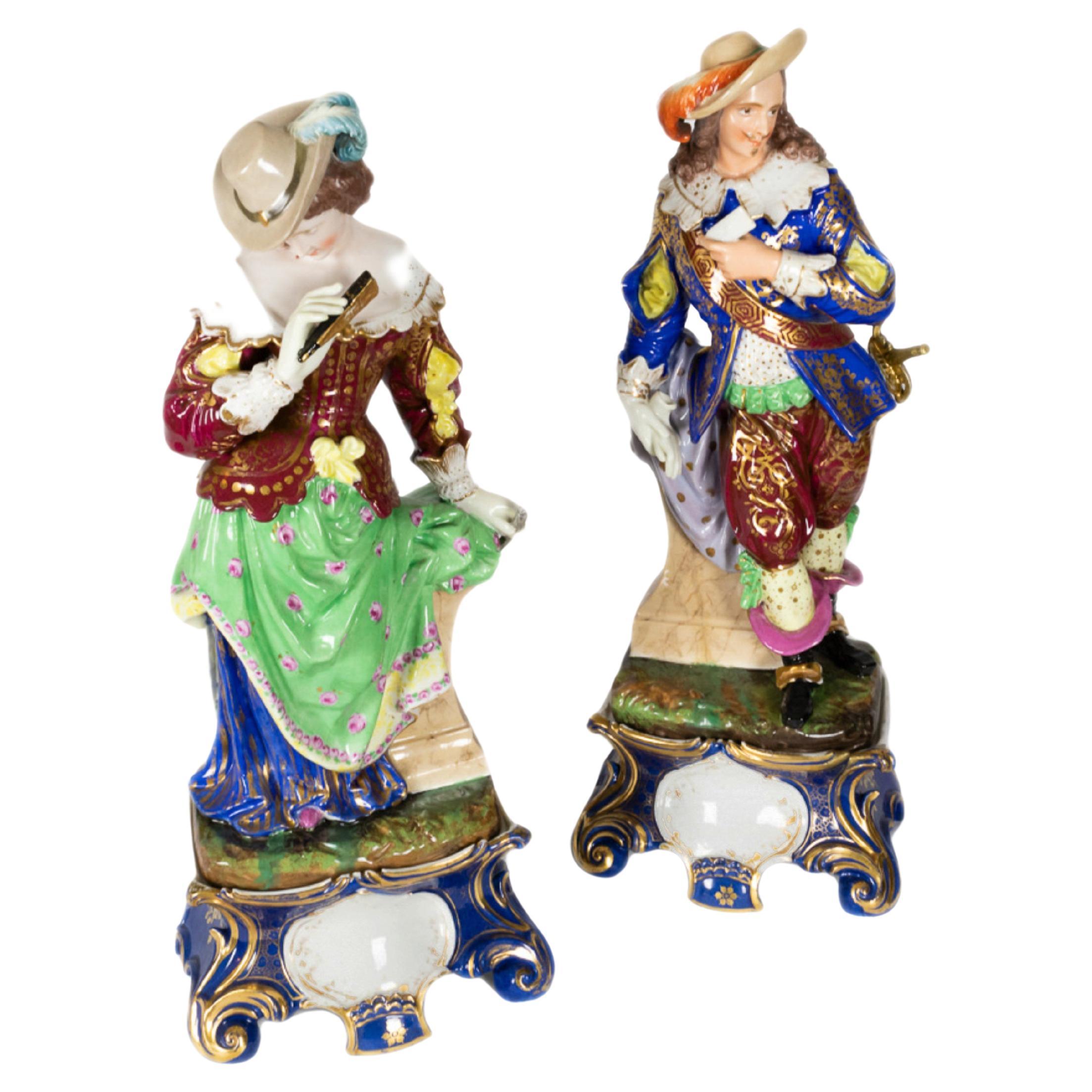 Musketeer & Lady Porcelain Statues, 20th Century For Sale