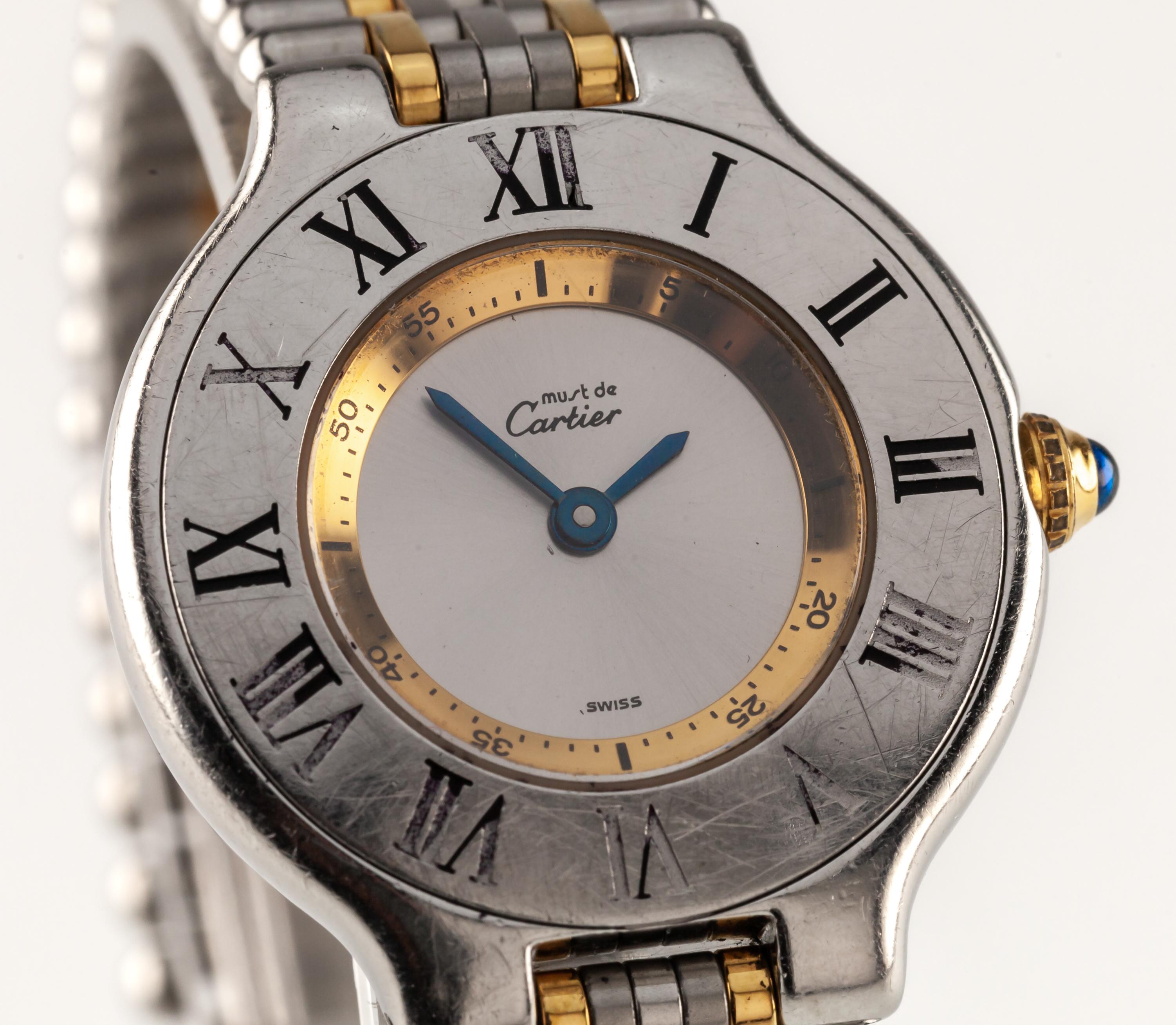 Must de Cartier 21 Women's Two Tone Stainless Steel Quartz Watch Vintage 1340 In Good Condition For Sale In Sherman Oaks, CA