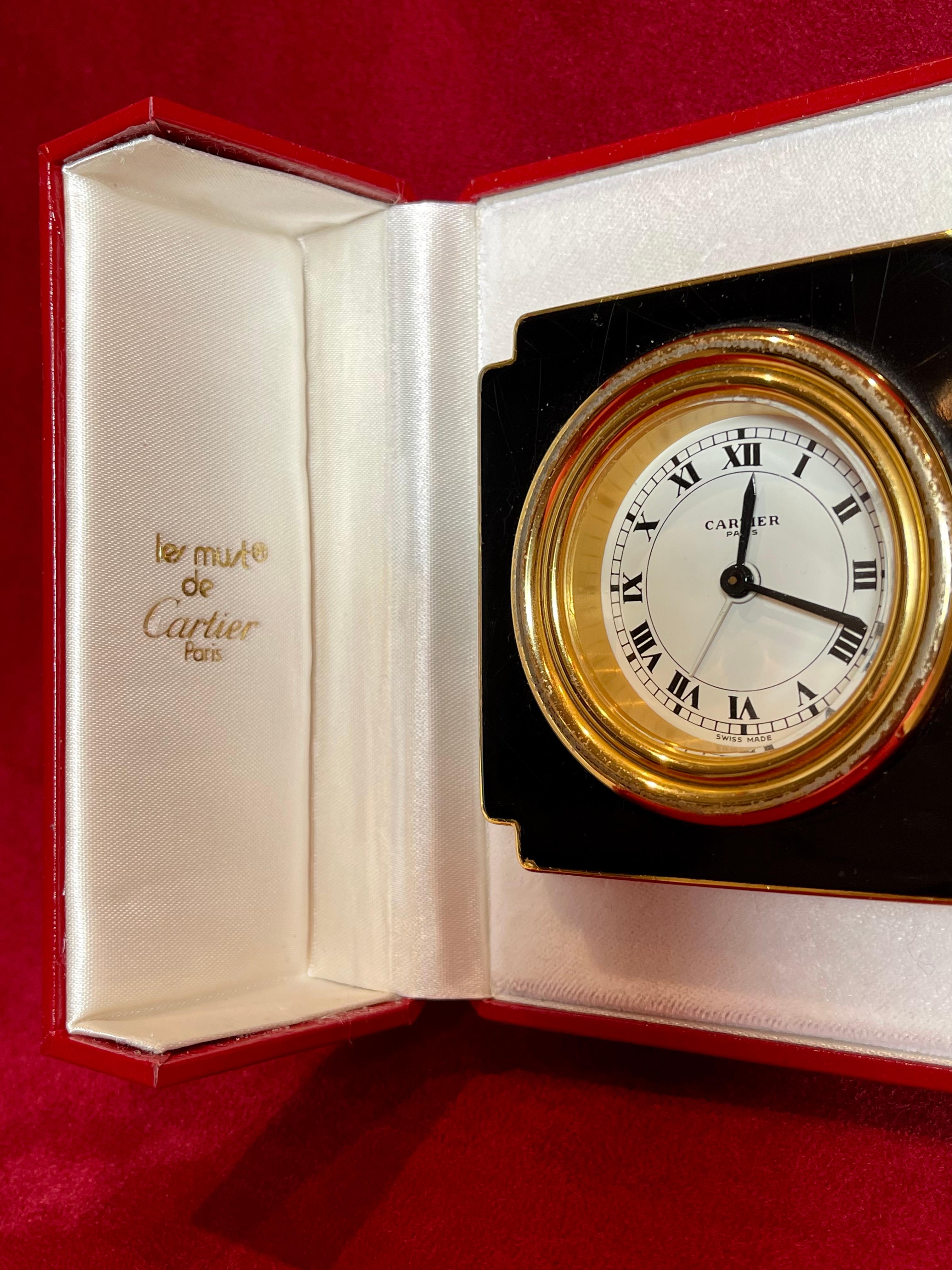 Must de Cartier, Gold Metal & Black Lacquer Clock, 20th Century 4