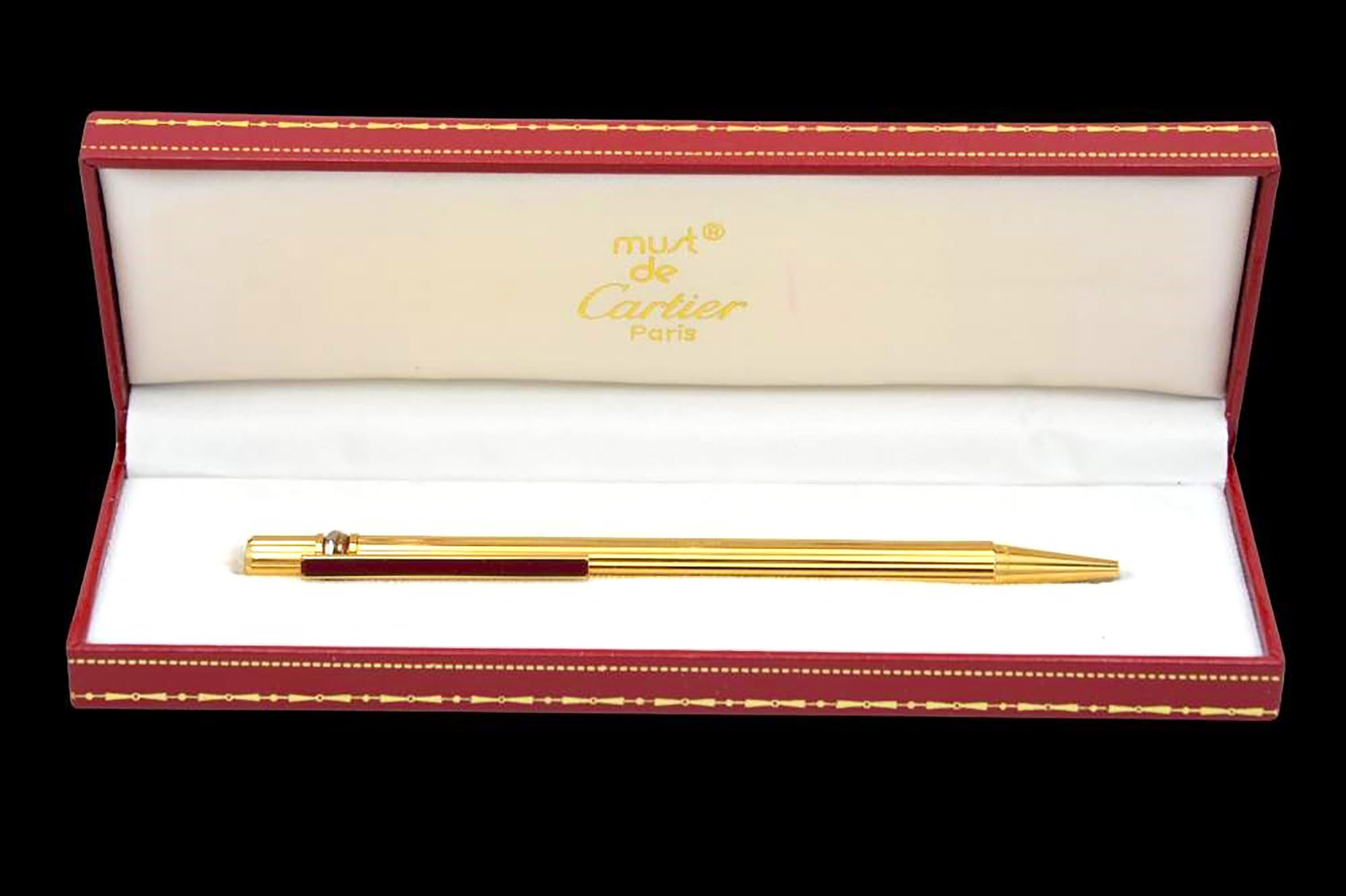Contemporary Must De Cartier Gold-Plated Ballpoint Pen Ribbed Surface Twisted Clip #356243