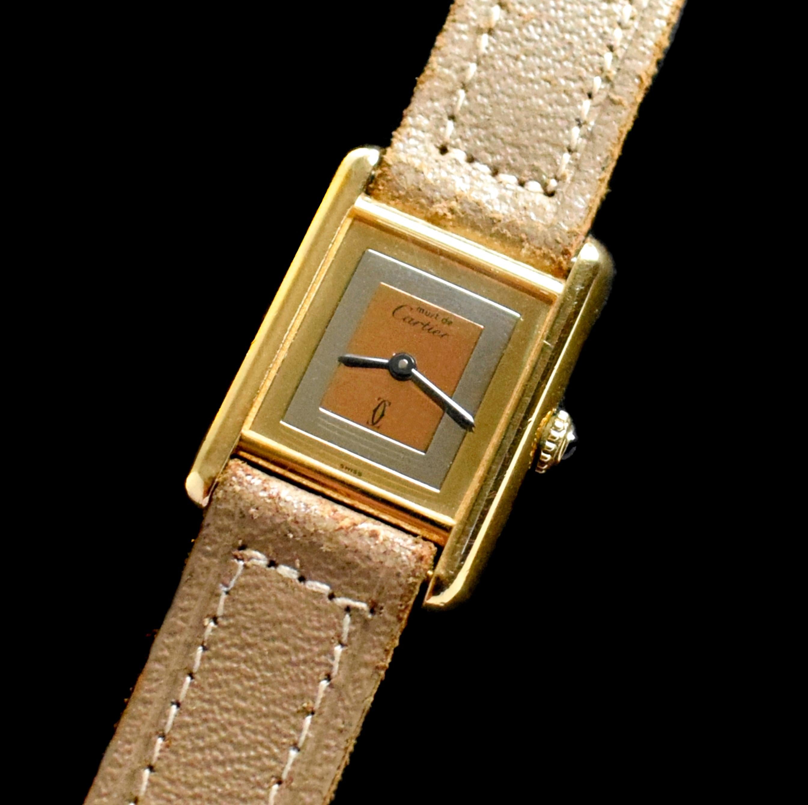 Must De Cartier Gold Plated Tank Tri-Color Dial w/ Original Guarantee, 1982's In Good Condition In Central & Western District, HK