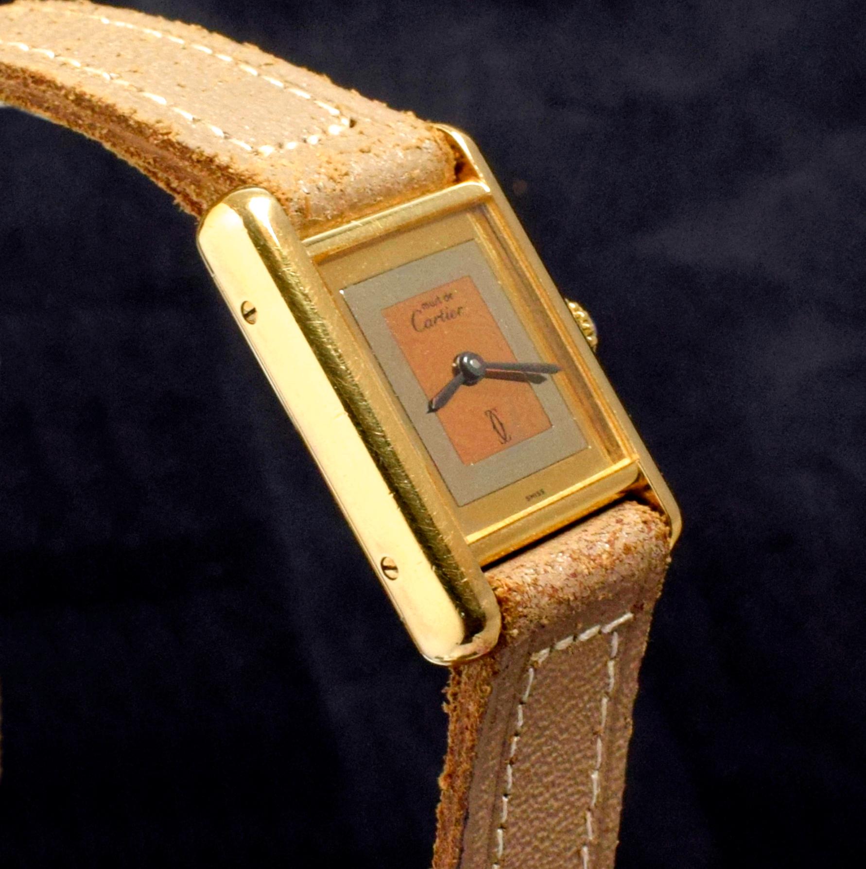 Women's or Men's Must De Cartier Gold Plated Tank Tri-Color Dial w/ Original Guarantee, 1982's