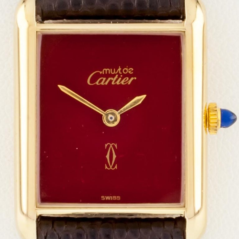 Must de Cartier GoldPlated Women's Tank HandWinding Watch w/ Burgundy