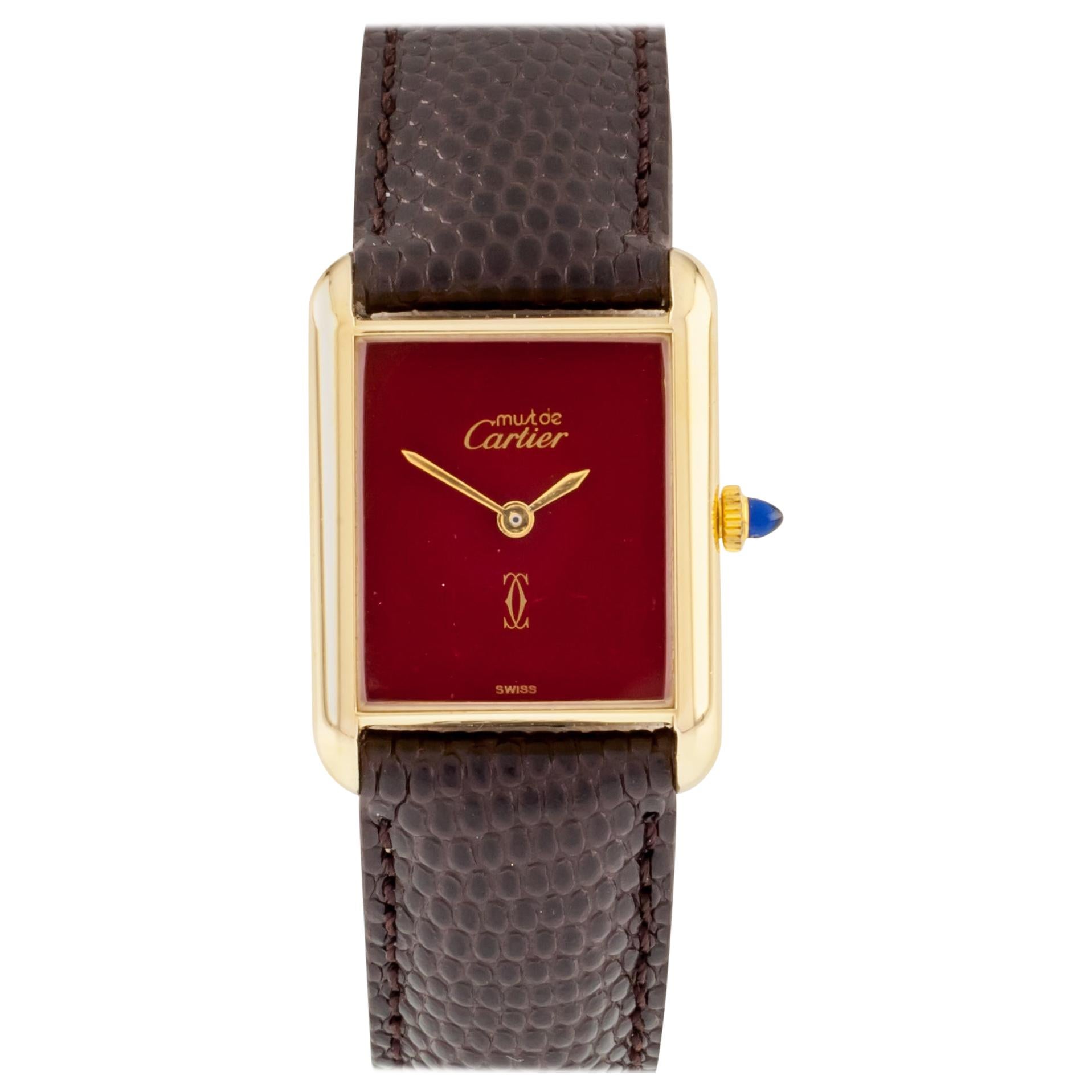 Must de Cartier Gold-Plated Women's Tank Hand-Winding Watch w/ Burgundy Dial
