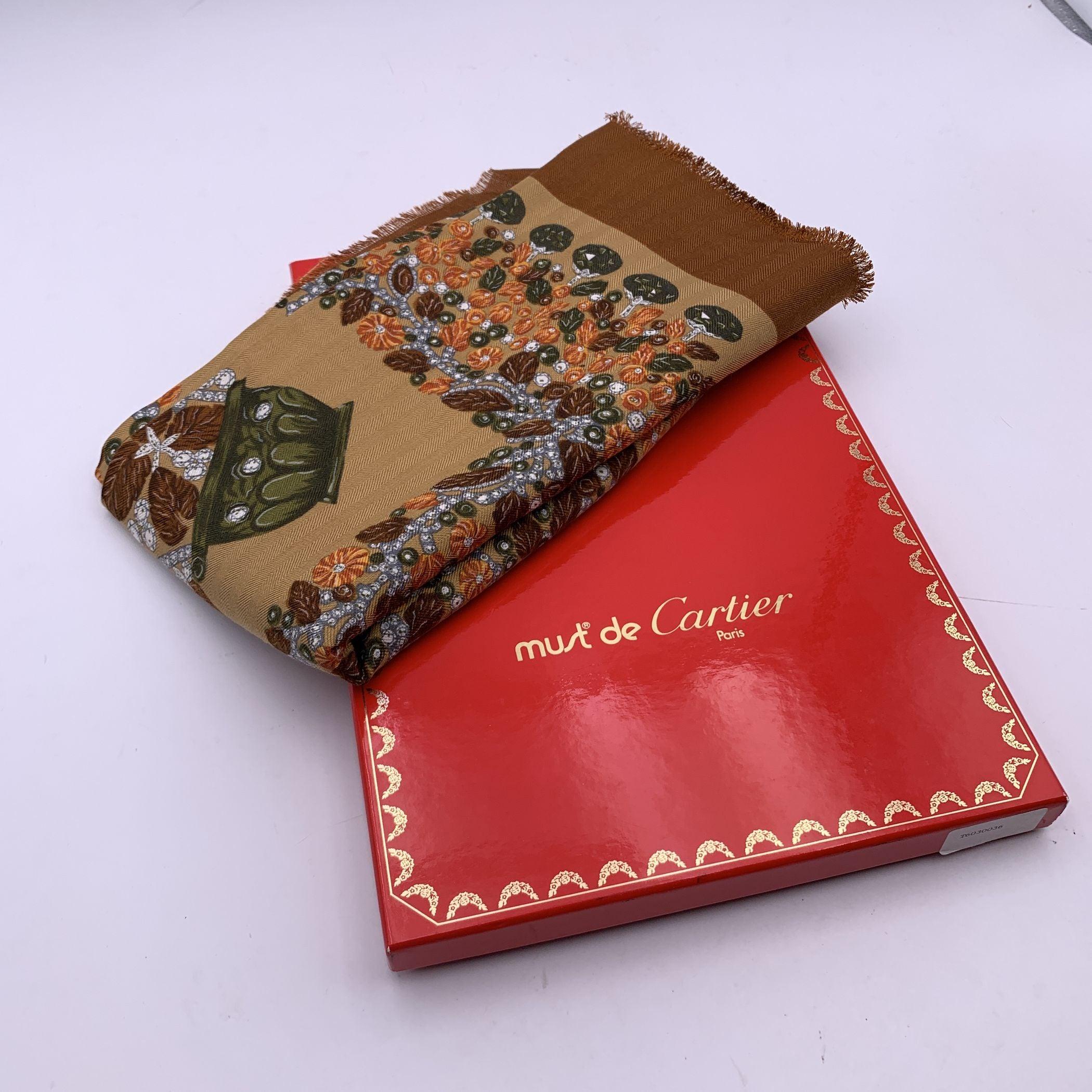 Must de Cartier Paris Vintage Brown Silk and Wool Shawl Large Scarf In Excellent Condition In Rome, Rome